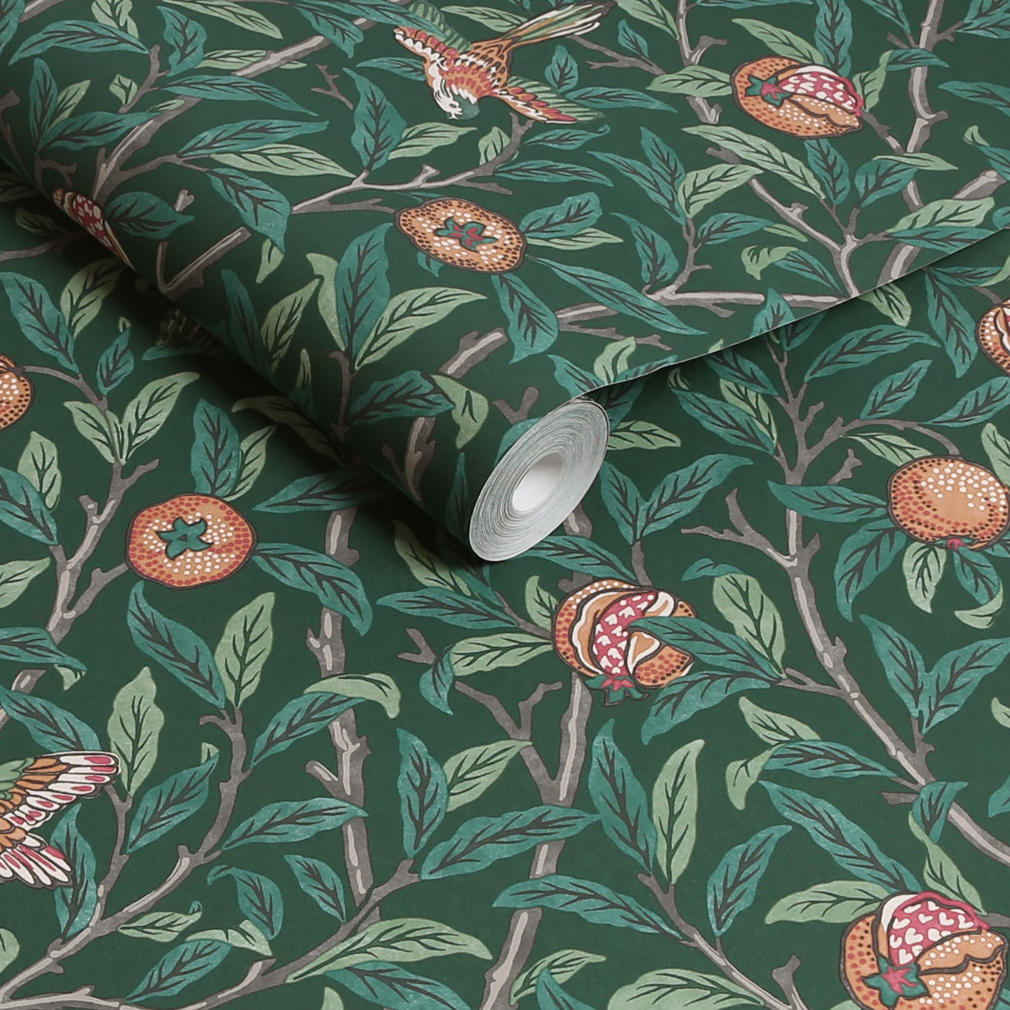 Deep Green Bird and Pomegranate Wallpaper Roll