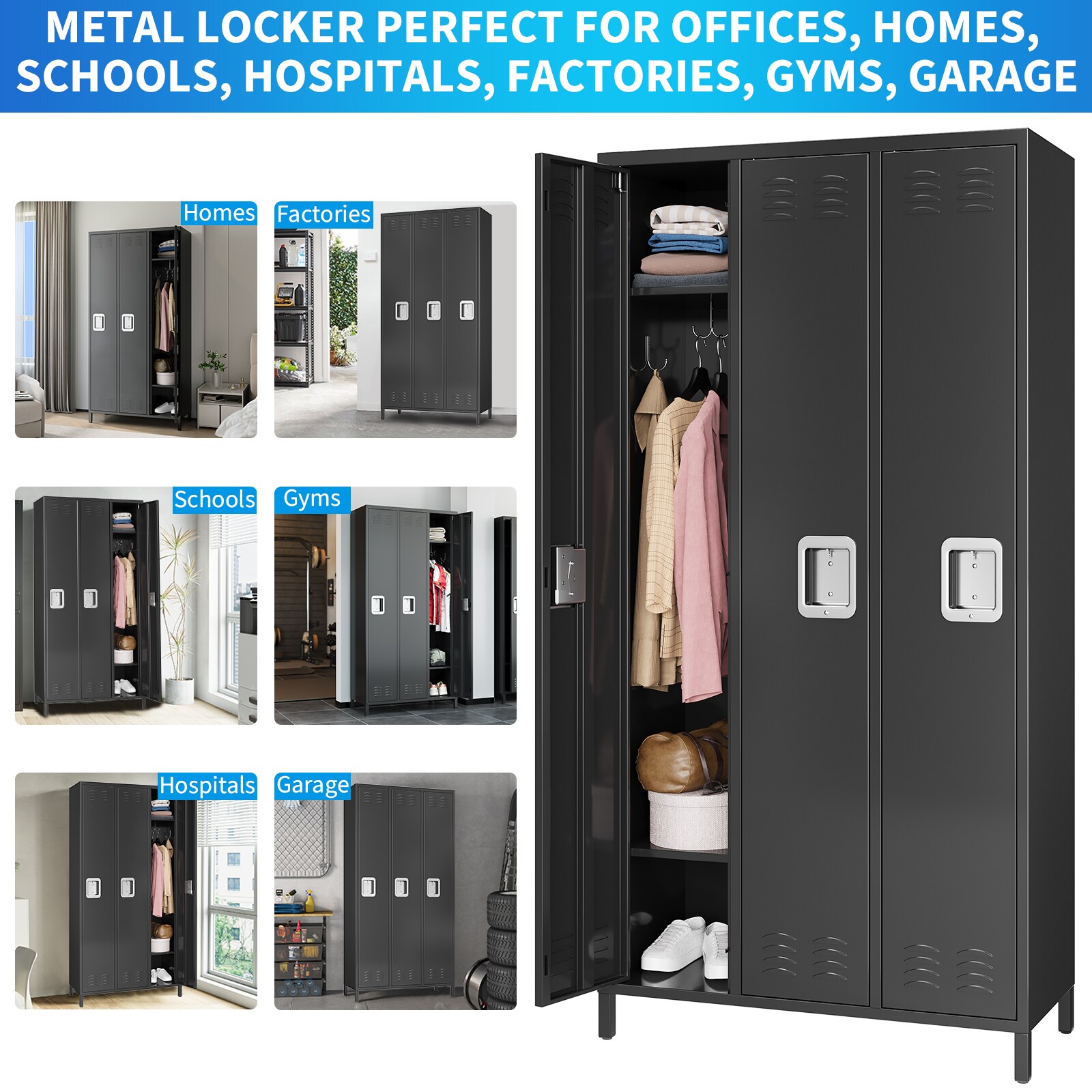 IdealHouse Heavy Duty 3 Door Metal Locker Cabinet with Lockable Storage ...