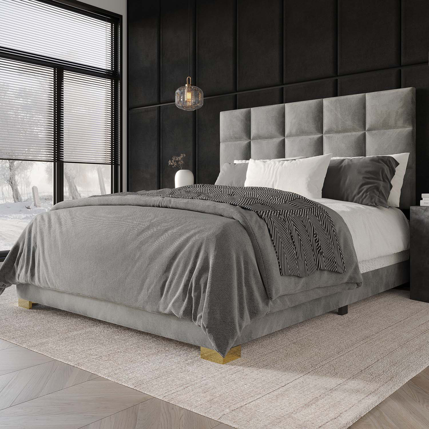 CasePiece C8539KUB-SGY-VV Silver Grey King Wood Upholstered Bed