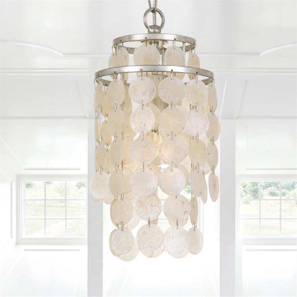 Antique Silver Mini Chandelier with Capiz Shell Accents - 7'' W x 14.5'' H