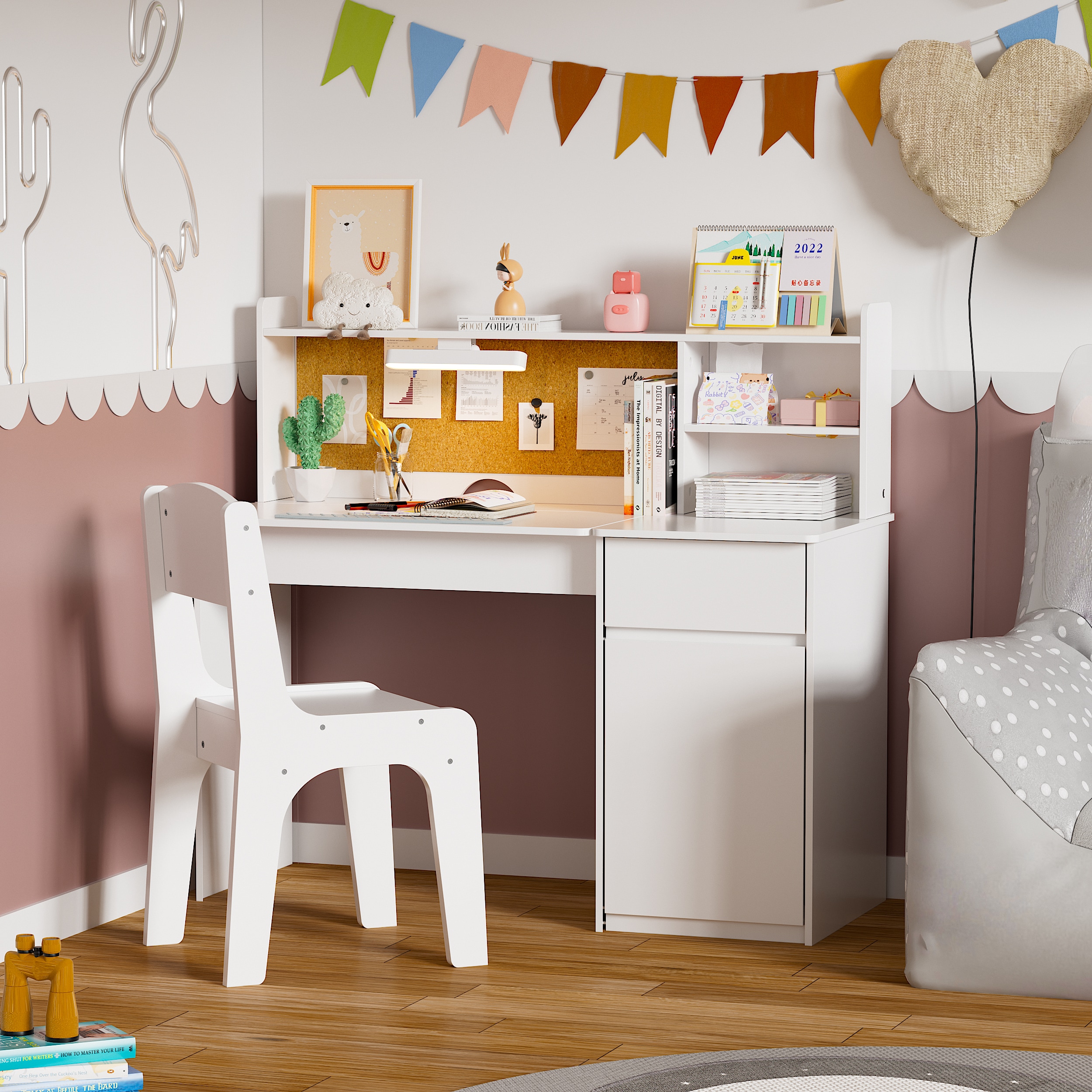 PAKASEPT TTPJ014WXY240628 43.3-in White Kids Writing desk with Chair