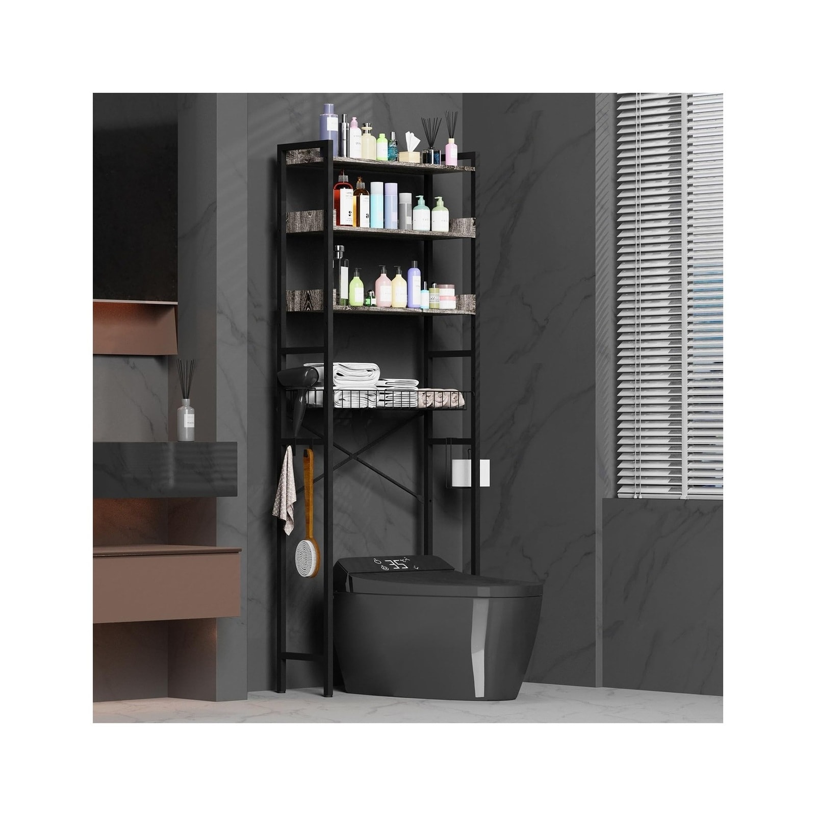 CYIKE  Over The Toilet Storage 4 Tier Bathroom Organizer Shelf with Adjustable Shelves Basket Hooks and Holders Tall Space Saving Rack for Towels