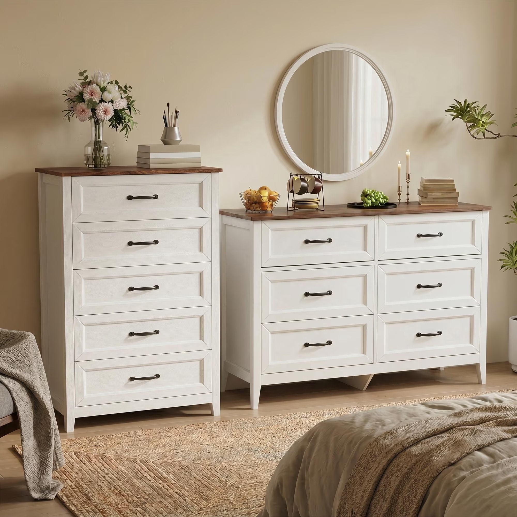 Lofka 2 Piece Bedroom Dresser Set with 6 Drawer Dresser and 5 Drawer Chest White Storage Cabinet Set for Bedroom Living Room
