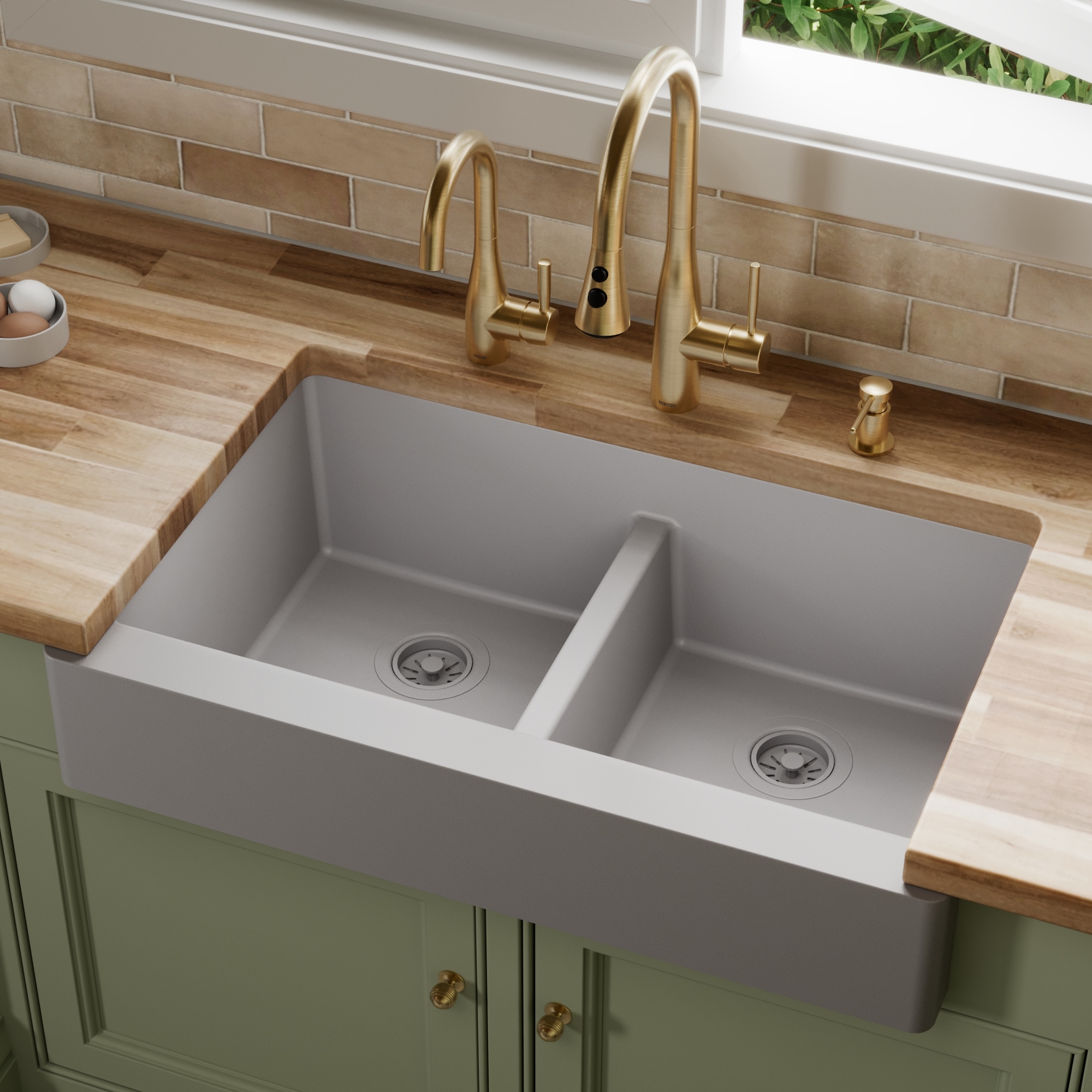 Karran - Farmhouse apron front 34-in x 21.25-in Quartz Double equal bowl Kitchen Sink