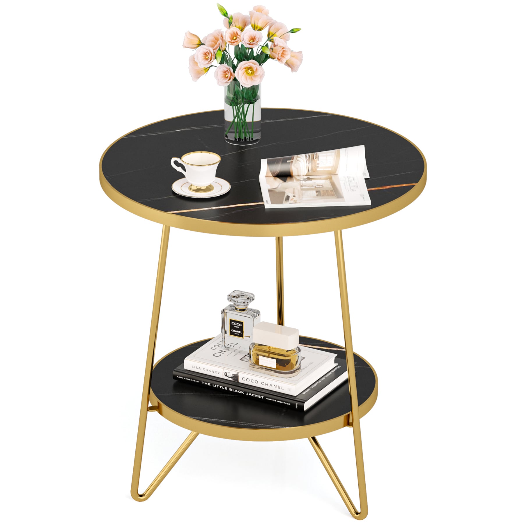 Fnova LWTJ-J0203 End table 19-in W x 22-in H Black and Gold Wood Round Modern End Table Assembly Required