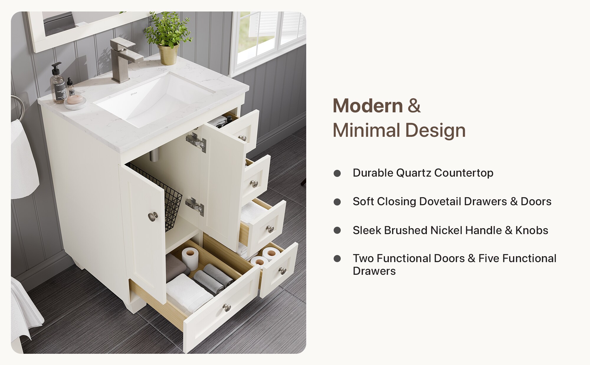 White Carrara Quartz Top Freestanding Bathroom Vanity with Porcelain Sink