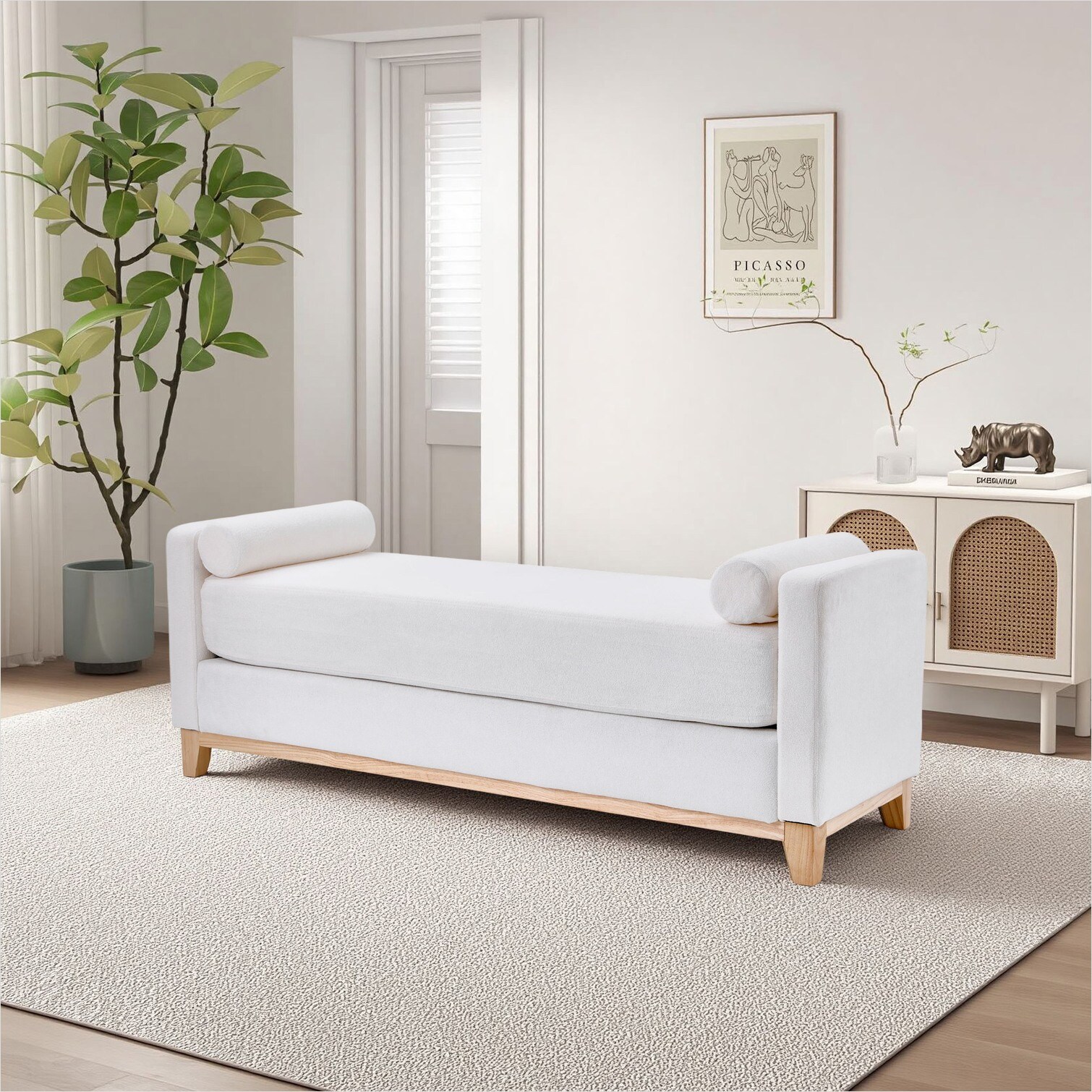 Watnature Sherpa Upholstered Bench with Bolster Pillows for Bedroom or ...