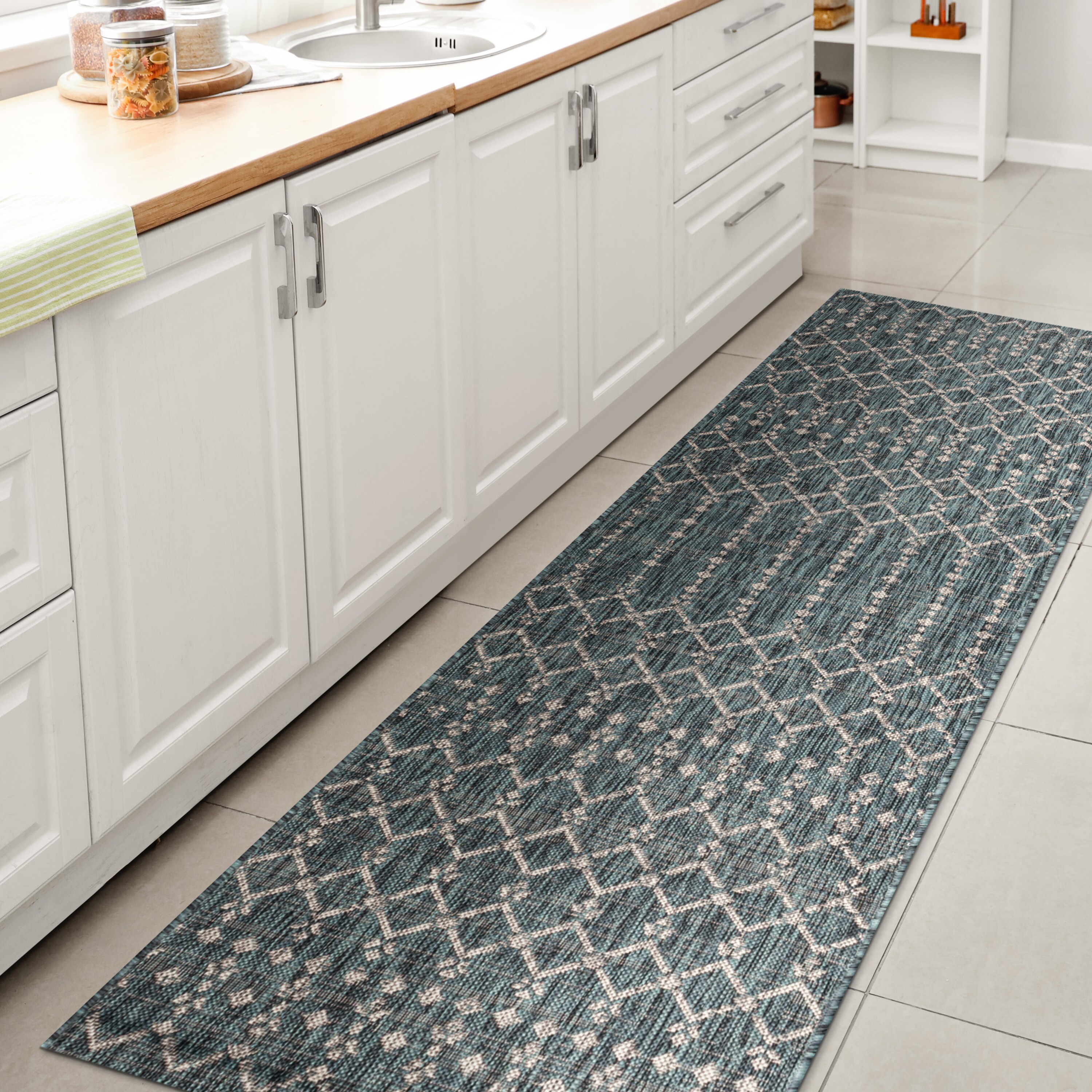 JONATHAN  Y SMB108C-28 Santa Monica Ourika Filigree Textured Weave 2 x 8 (ft) Loomed Polypropylene Teal/Gray Rectangular Indoor/Outdoor Distressed/Overdyed Coastal Runner rug