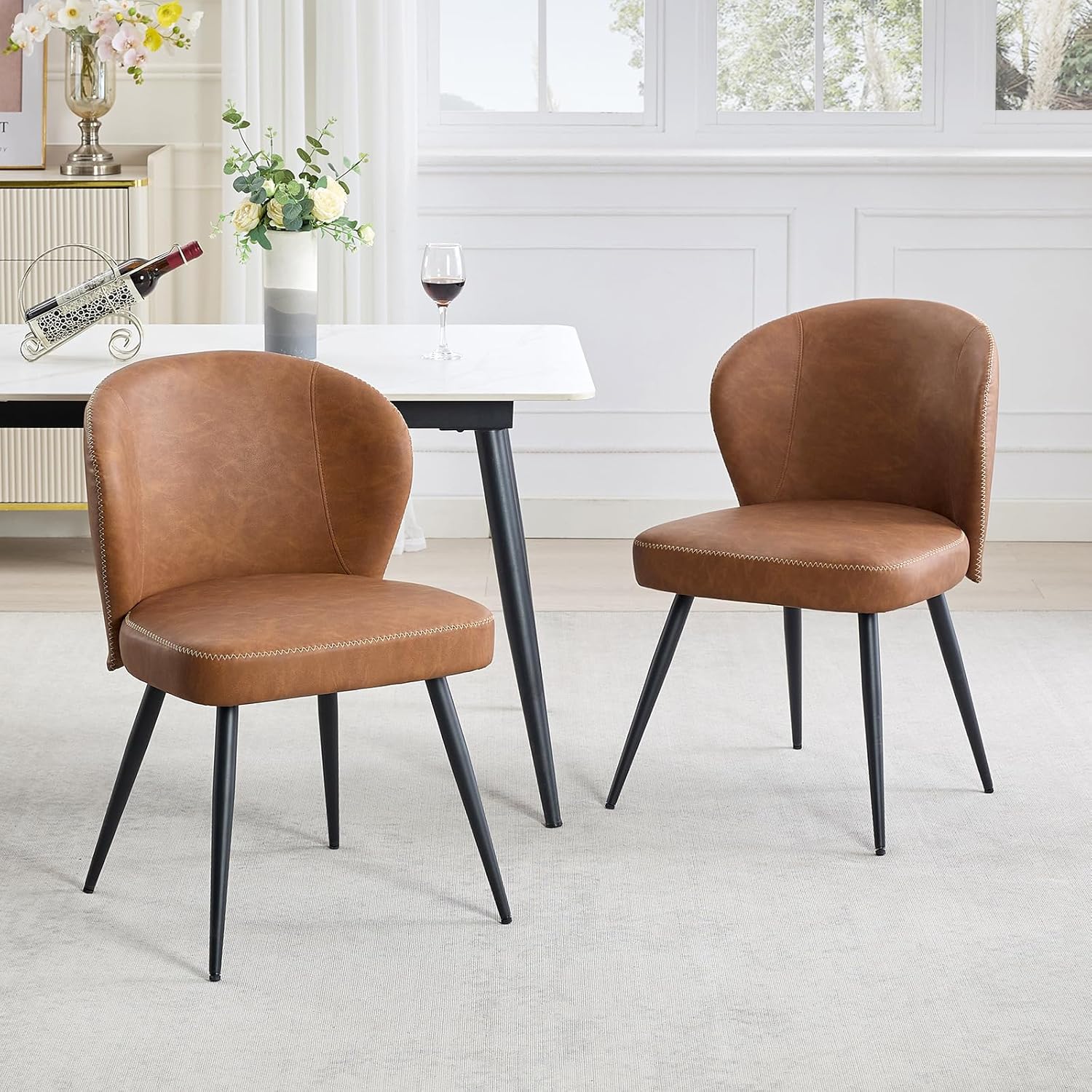 Qeetex PHK-33ADNLM7-HNN Set of 2 Modern Brown Leather Dining Chairs with Upholstered Seat and Black Steel Legs and High Curved Backrest