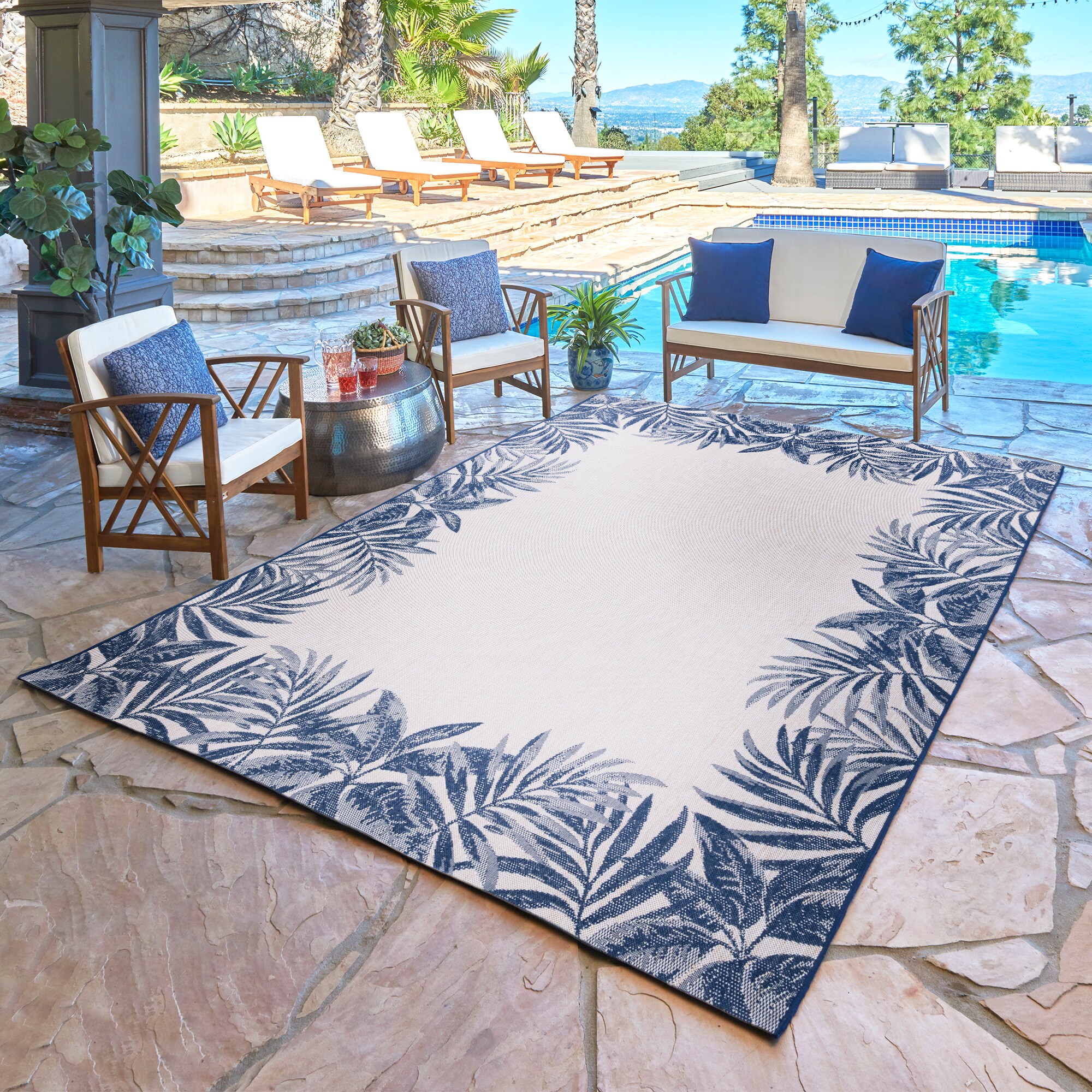 GERTMENIAN 19554 Paseo 5 x 7 Border Navy Indoor/Outdoor Border Area Rug