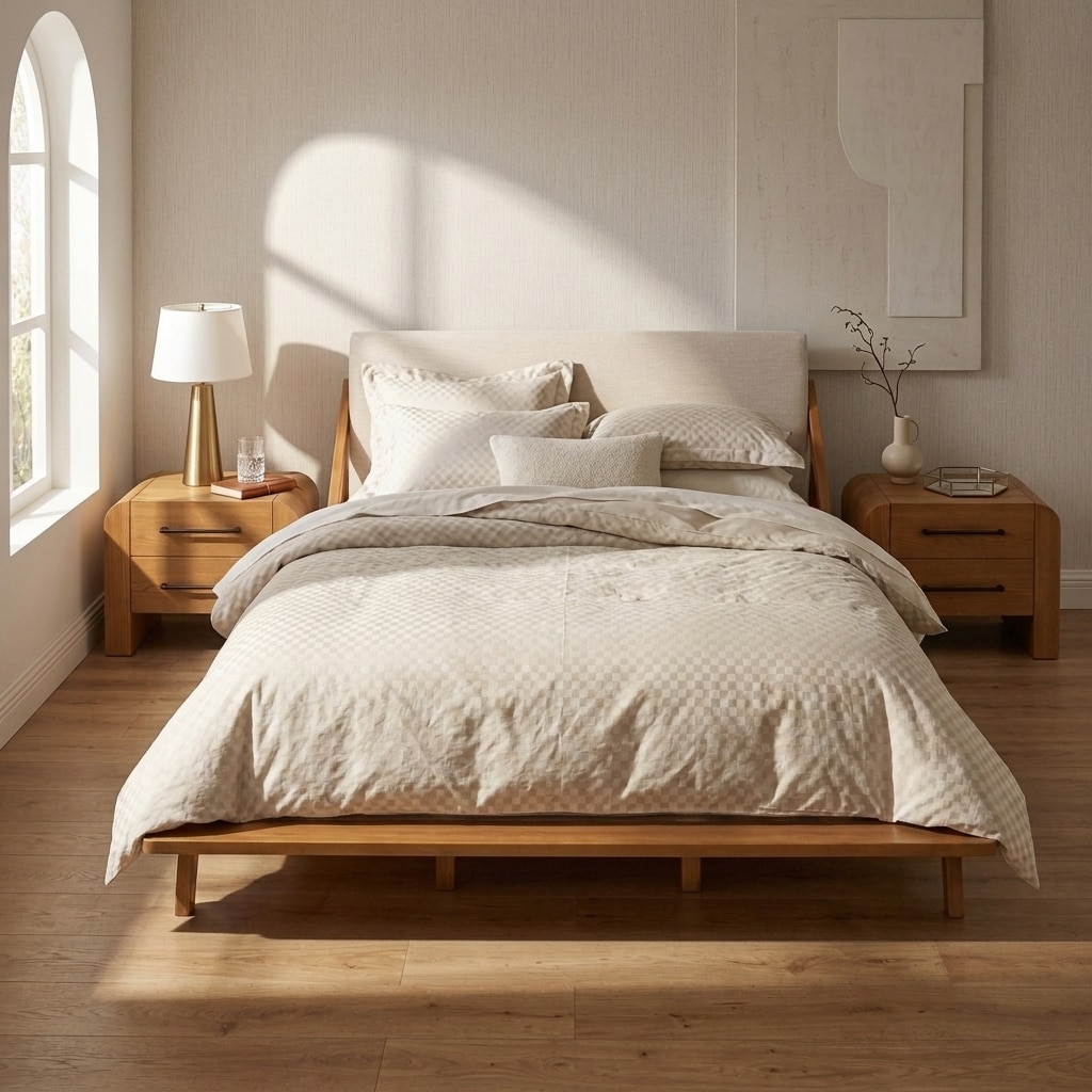 Christopher Knight Home Aislora Modern 3-Piece Bedroom Set with Upholstered Wood Platform Bed and Two Nightstands with 2 Drawers - Queen - Beige and Light Brown