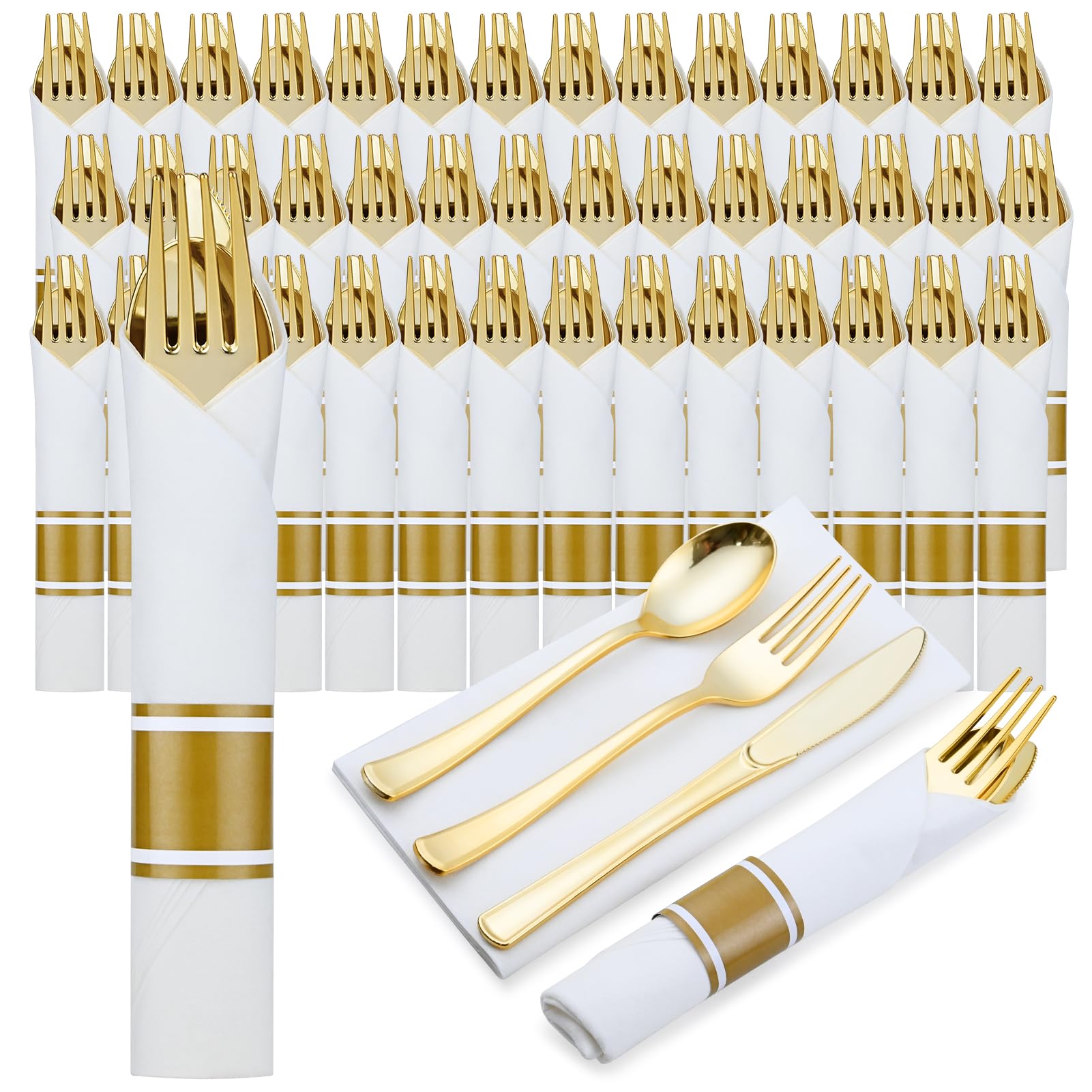 Etokfoks  Gold White Family Disposable Plastic Cutlery Set with Napkins Party Tableware 300 Pack Per Case
