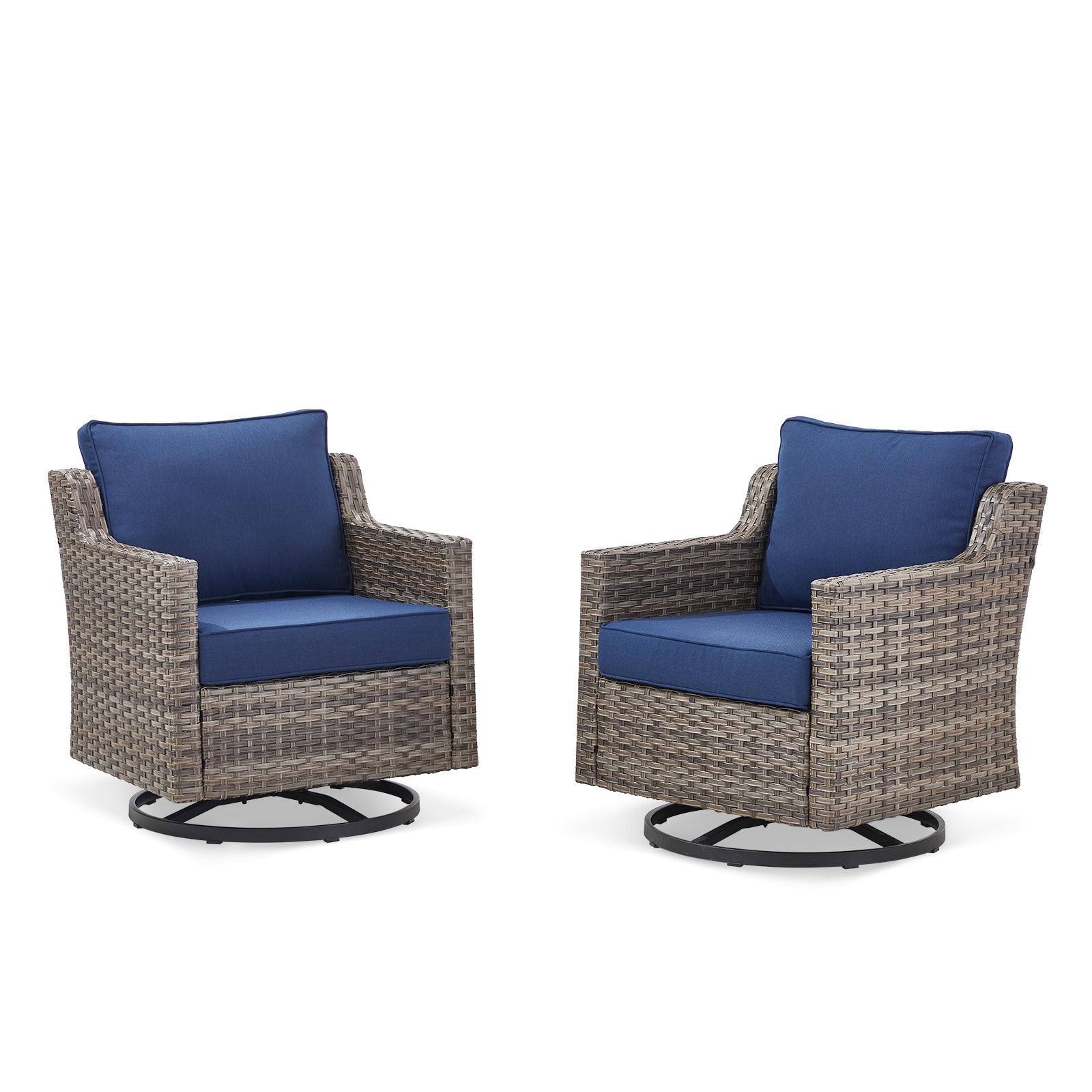 Rilyson FSSWTB072BL Set of 2 Wicker Brown Stainless steel Frame Swivel glider Conversation Chair with Blue Cushioned Seat