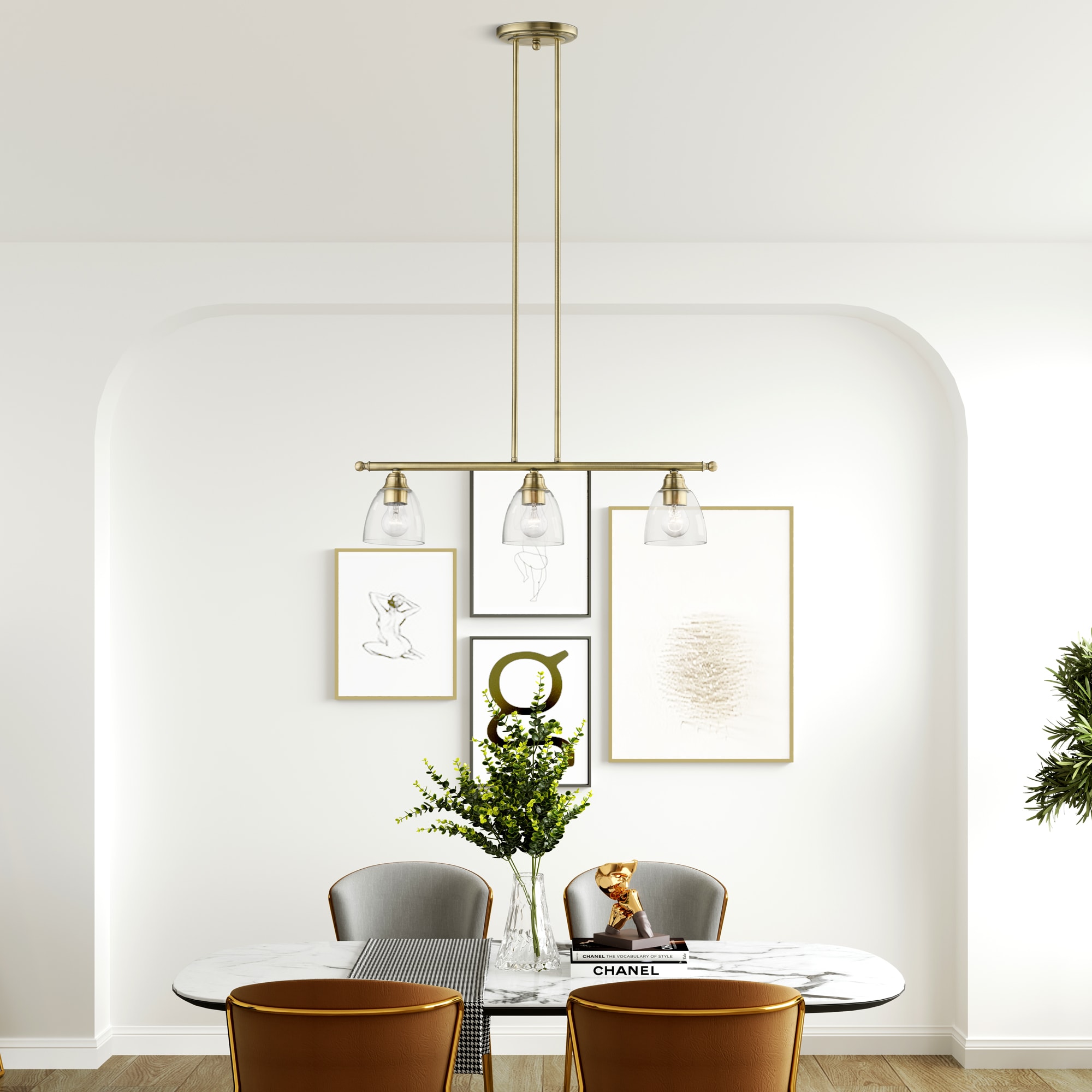 Antique Brass 30" Linear Chandelier with Clear Glass Shades
