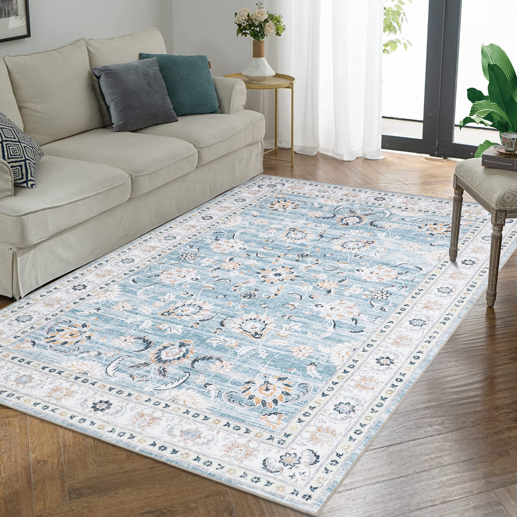 Garvee YXY-LO-PHO-108ADSD7 4 x 6 (ft) Loomed Polyester Blue Rectangular Indoor Floral/Botanical Persian Machine washable Area rug