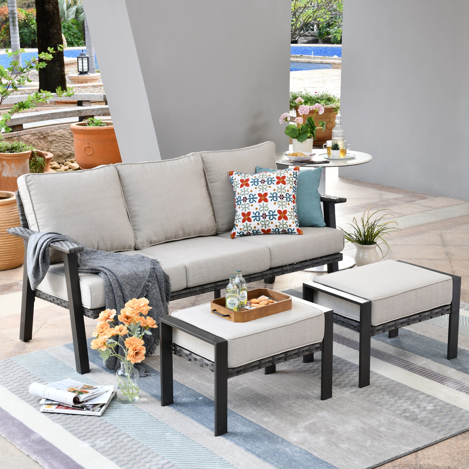 Pouuin SHW60T04A Hw Rattan Outdoor Sofa with Beige Cushions and Steel Frame