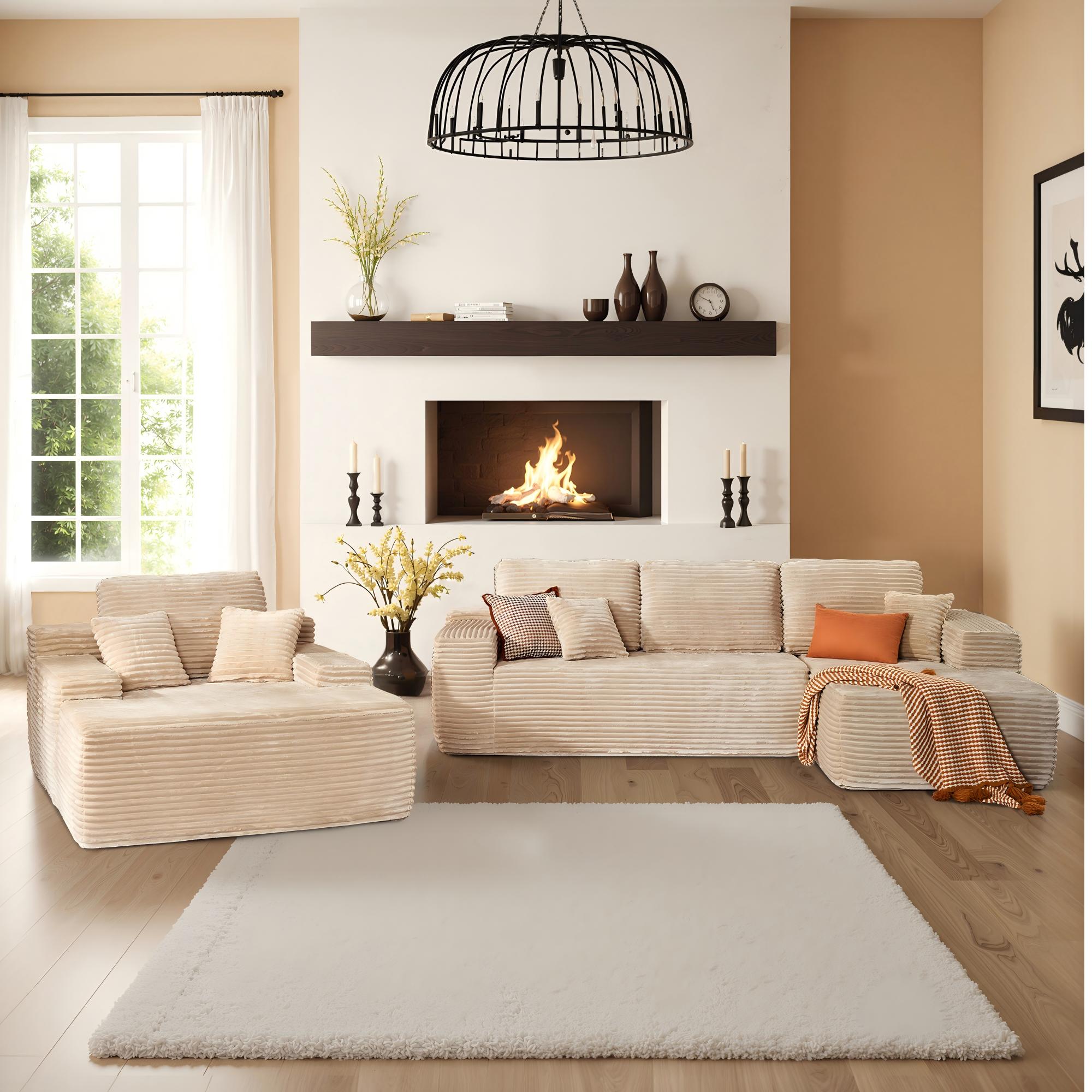 Ovios 104.3-in W Modern Beige (Plush Corduroy)-Right Sofa Chaise 4-seater Sofa