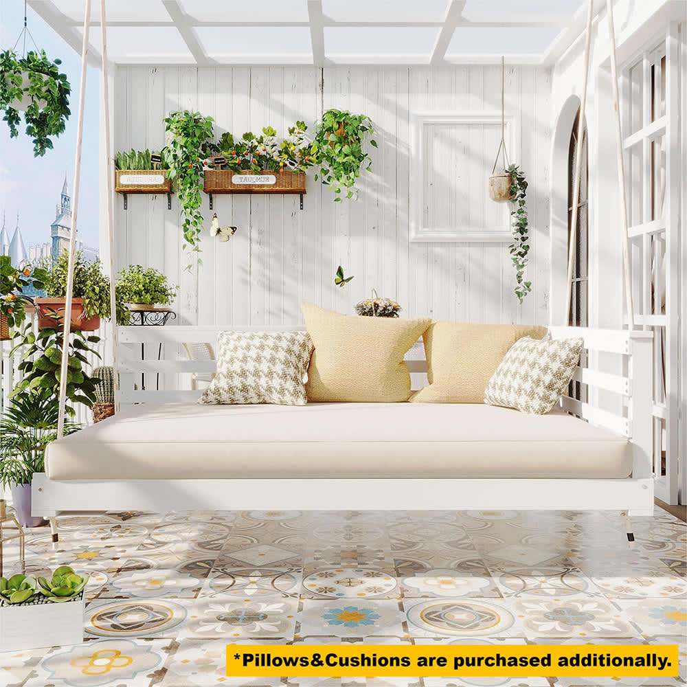 JUJABU SWCHAIR-15 White Acacia Wood Porch Swing Bed for Outdoor with Hemp Ropes 350lbs Capacity Open Side Minimalist Design for Patio