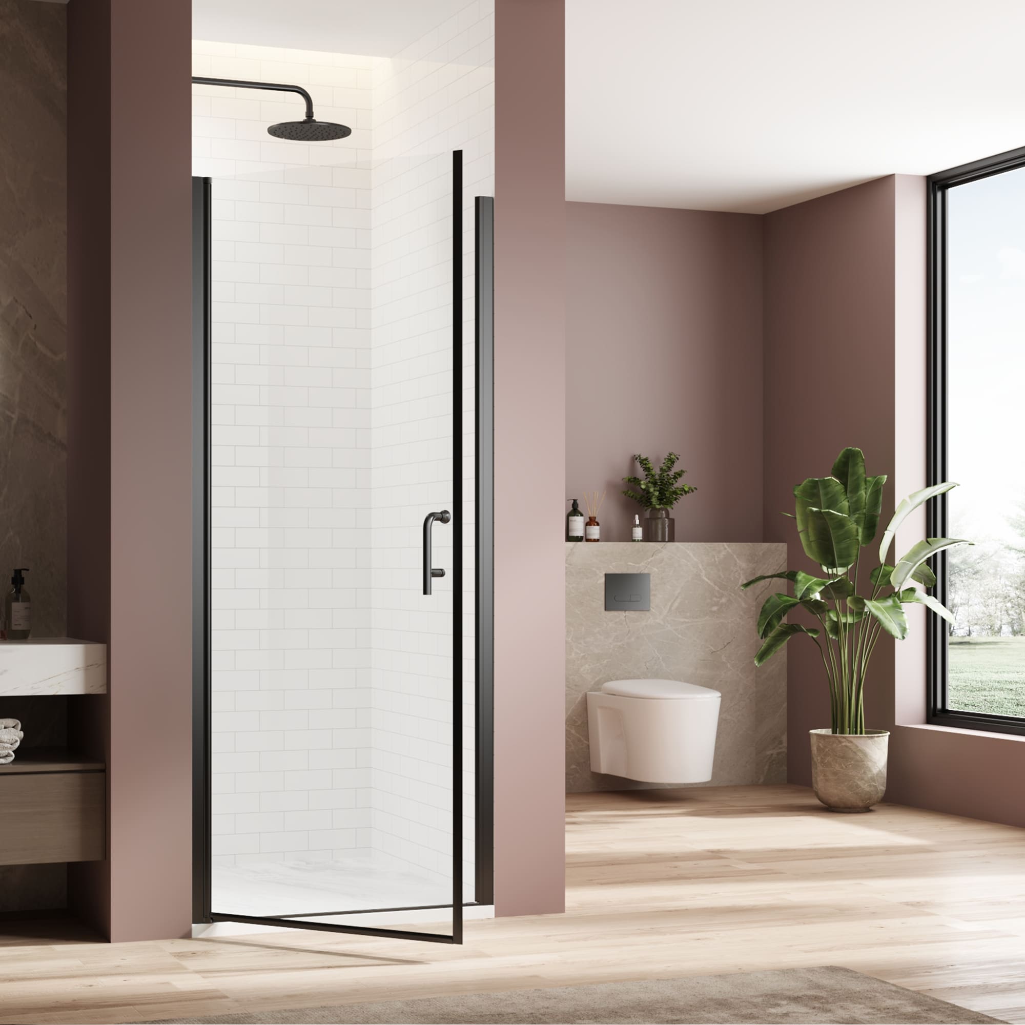 Tatayosi P1-9P343398 28in W x 72in H Pivot matte black swing single glass panel shower door adjustable 27 1/2-29 inch frameless shower door with 1/4 inch clear tempered glass