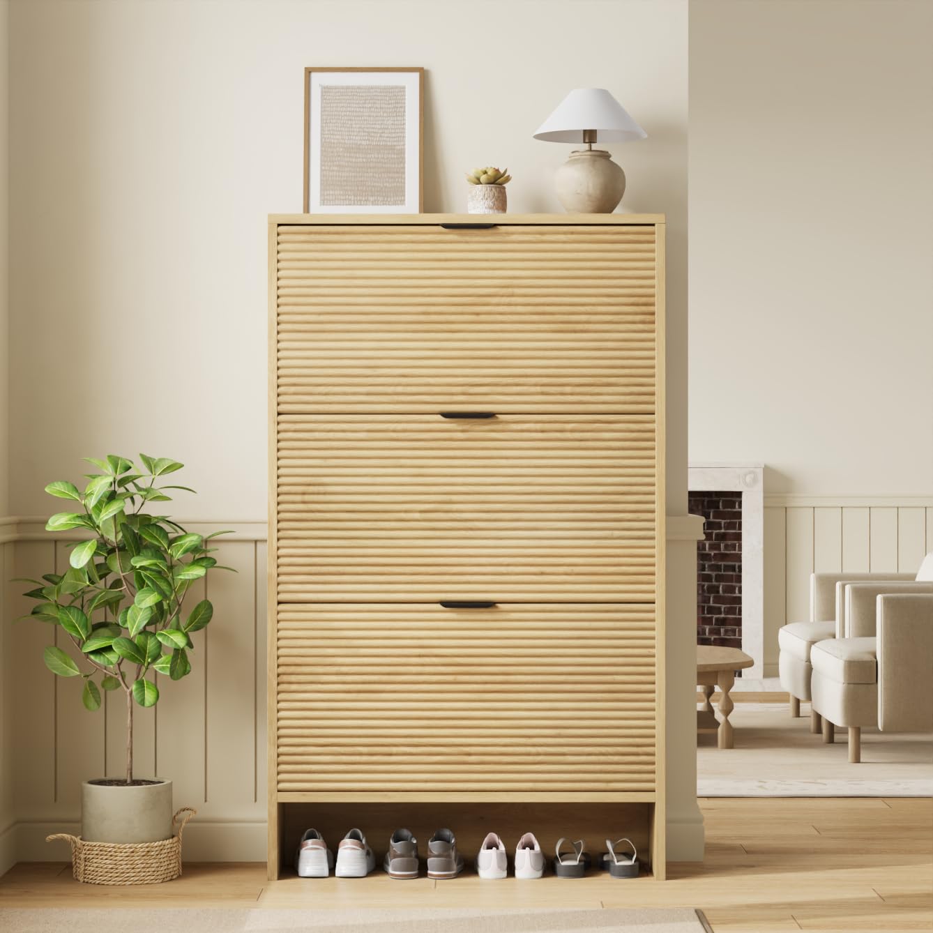 Garvee Natural Fluted Shoe Storage Cabinet 32 Inch Wide Tall Freestanding Organizer With 3 Flip Drawer Doors Adjustable Inner Shelves Hidden Shoe Rack With Narrow 9.45 Inch Depth for Entryway Hallway And Living Room