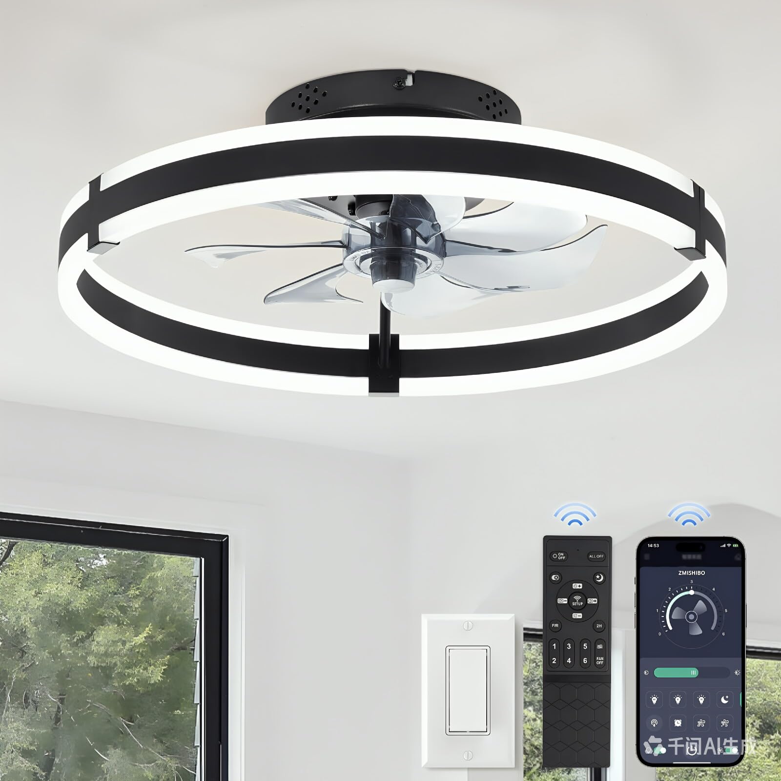 Garvee 20-in Black Low Profile Flush Mount Ceiling Fan with Light and Remote - Dimmable LED 3000-6000K - 6-Speed Reversible DC Motor - Acrylic Shade - for Bedroom Kitchen