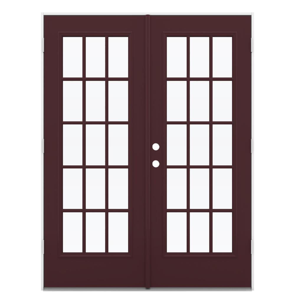 JELD-WEN French 60-in x 80-in x 4-9/16-in Jamb Low-e External Grilles Currant Steel French Left-Hand Outswing Double Patio Door in Red -  LOWOLJW206000064