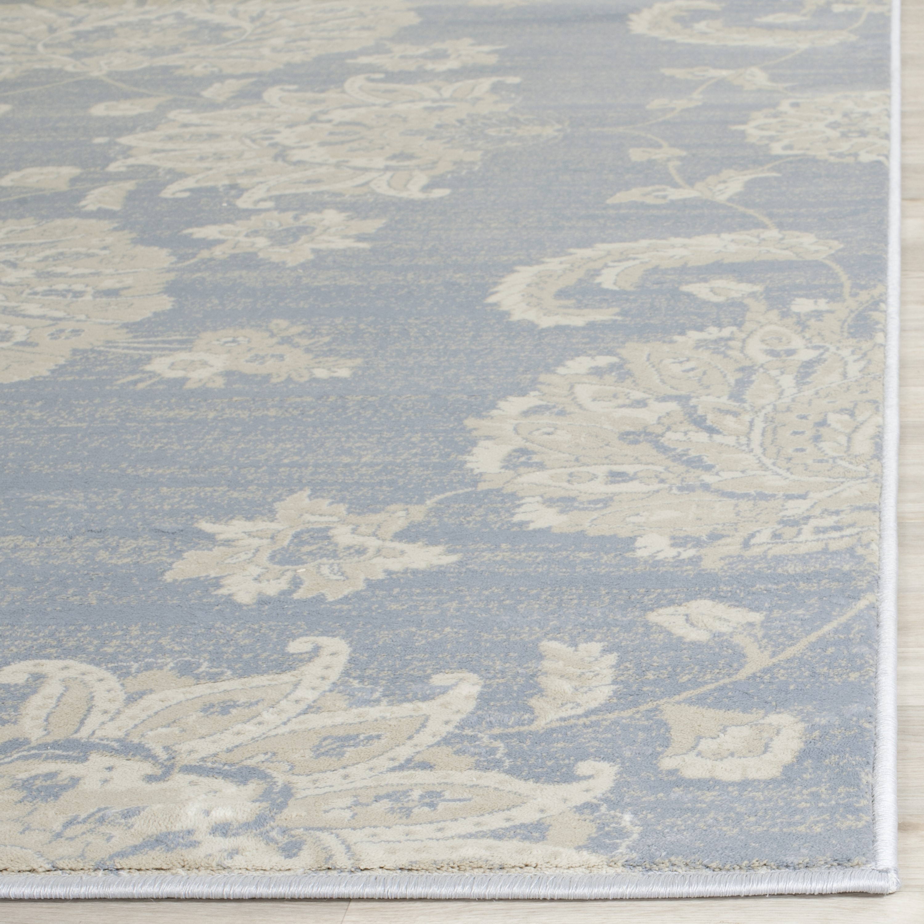 Light Blue and Ivory Viscose Floral Runner Rug, 2'2" x 8'