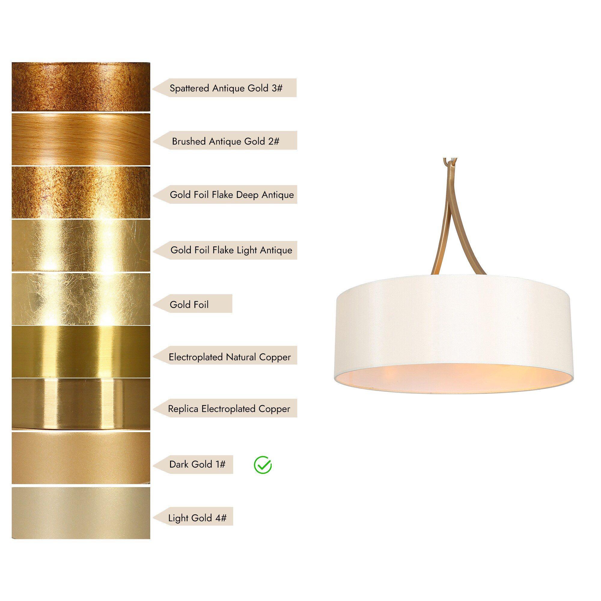 Rafa Matte Gold Drum Pendant Light with White Fabric Shade