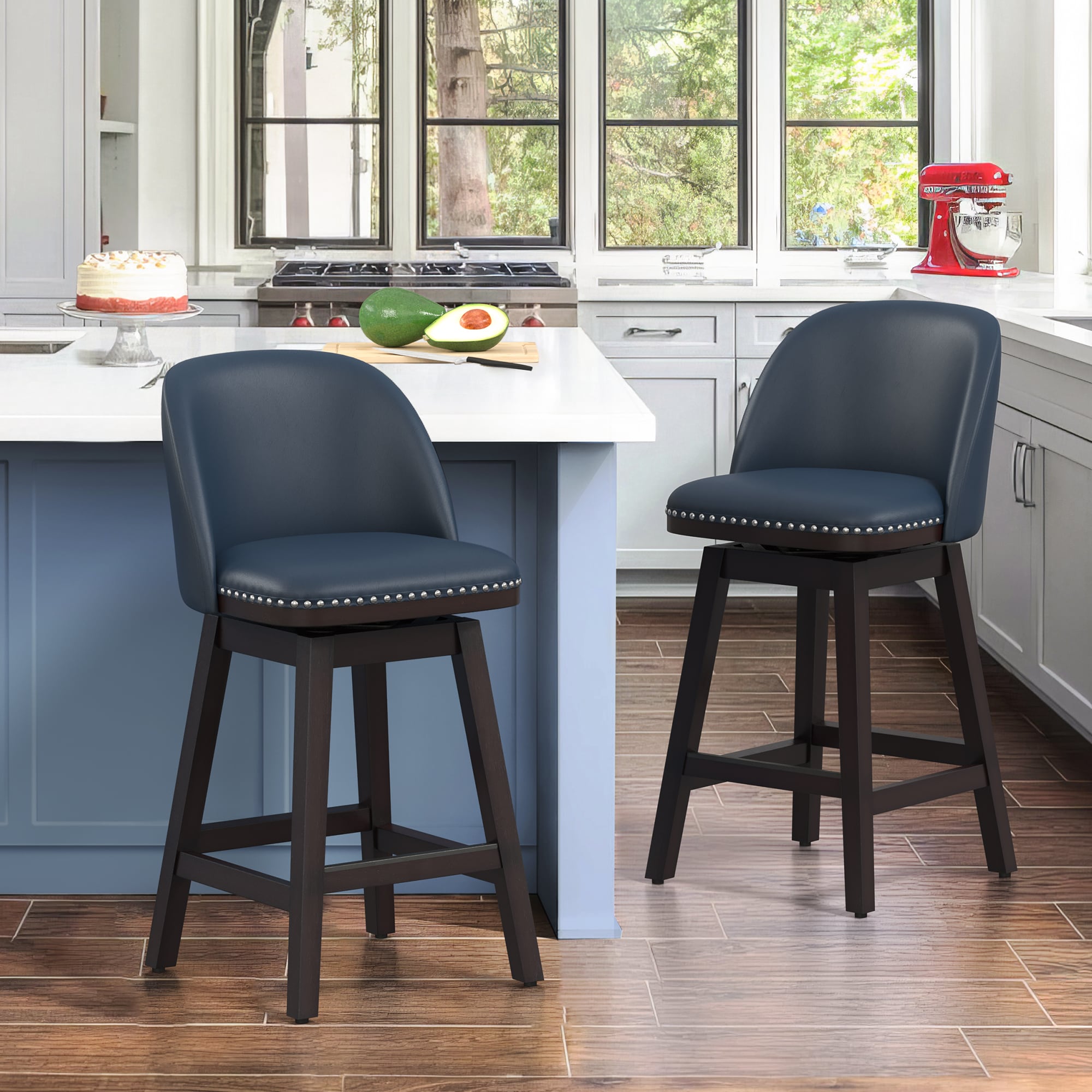 LUE BONA YB-009-06LS Set of 2 Blue/Faux Leather 26-in H Counter height (24-in to 27-in) Square Seat Upholstered Swivel Wood Back Bar Stool Back