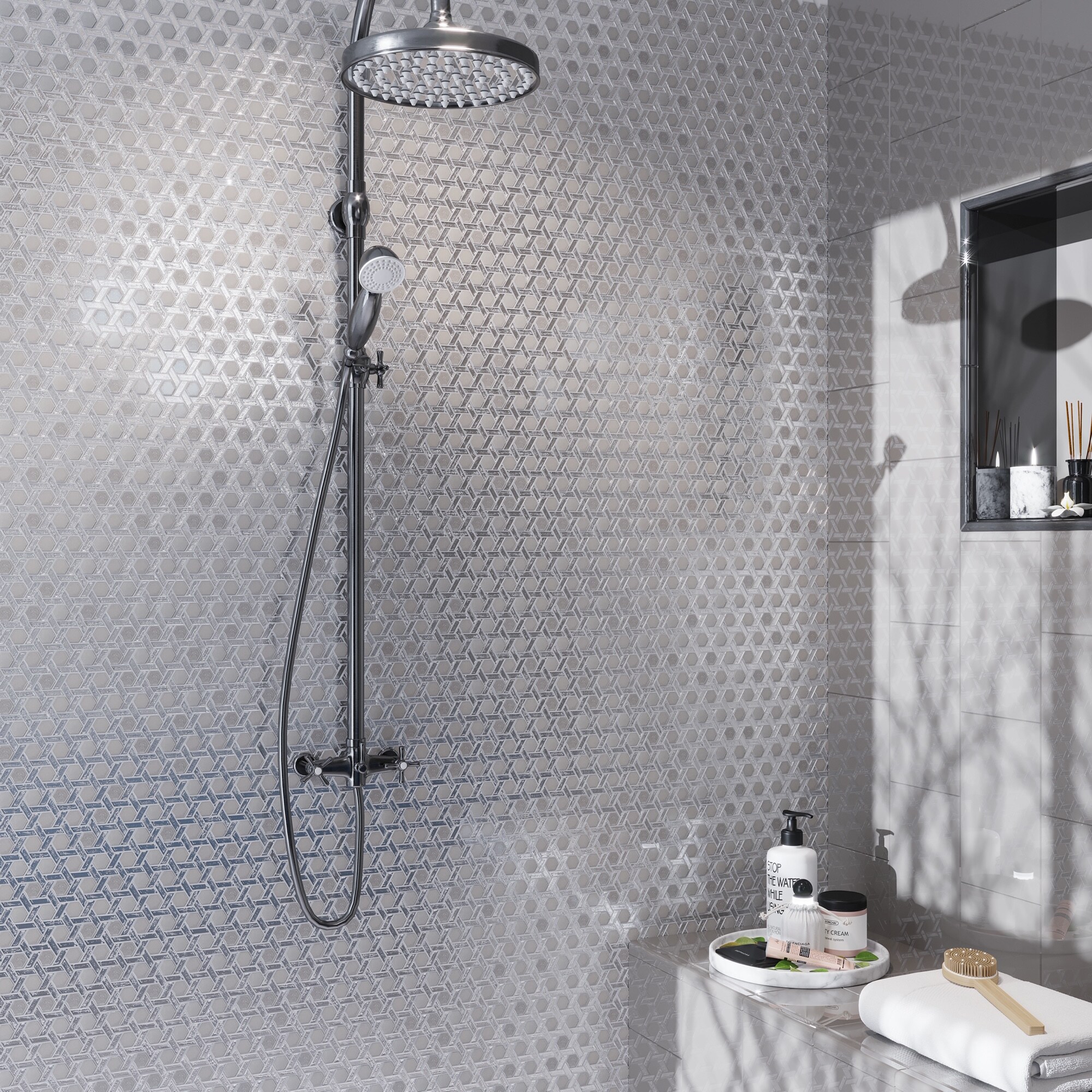 Apollo Tile (Sample) Majeste Silver 4-in x 4-in Glossy Glass Honeycomb Patterned Wall Tile