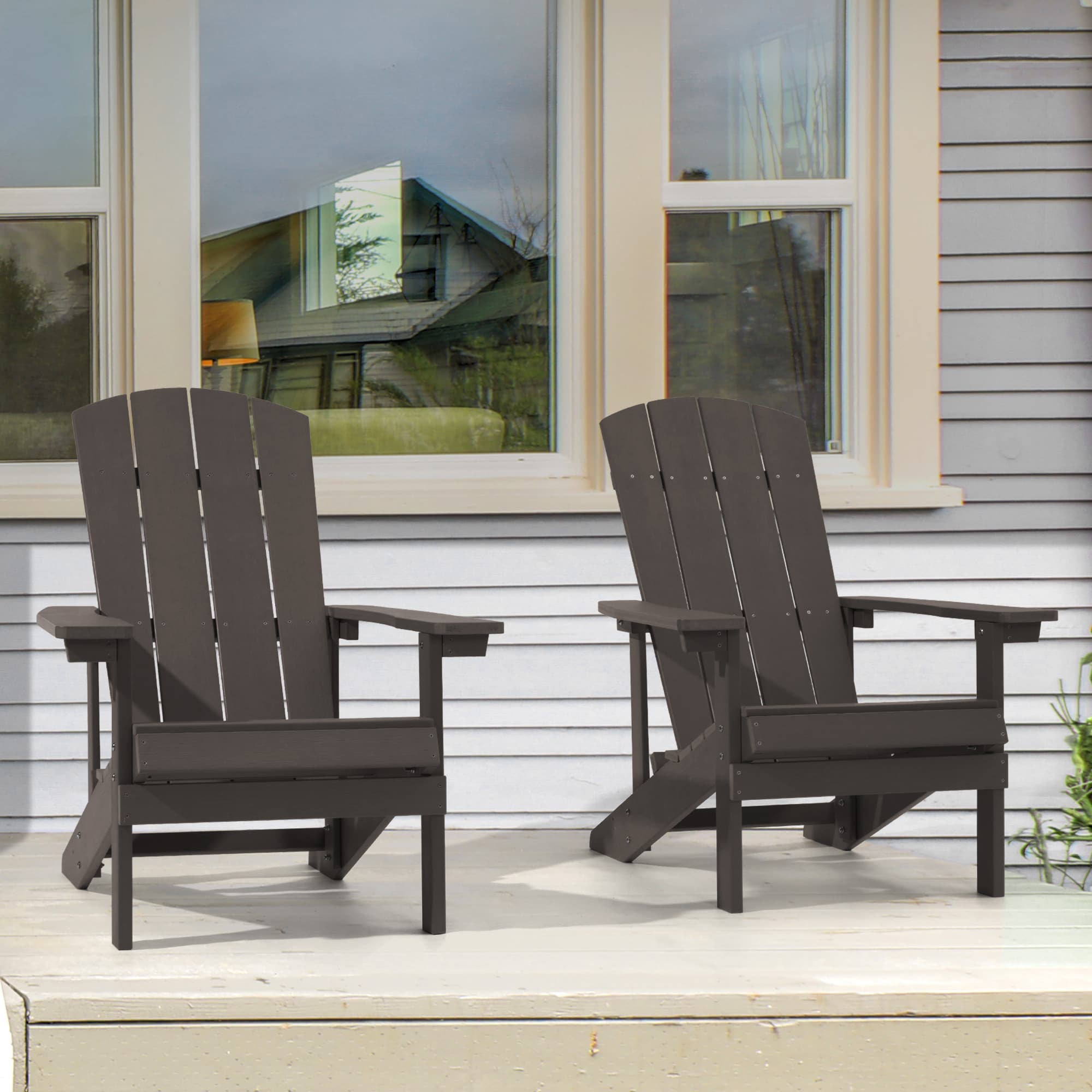 Sonkuki SD-AD-B2BN-2 Adirondack Chair Set of 2 Coffee Plastic Frame Stationary Adirondack Chair with Brown Slat Seat
