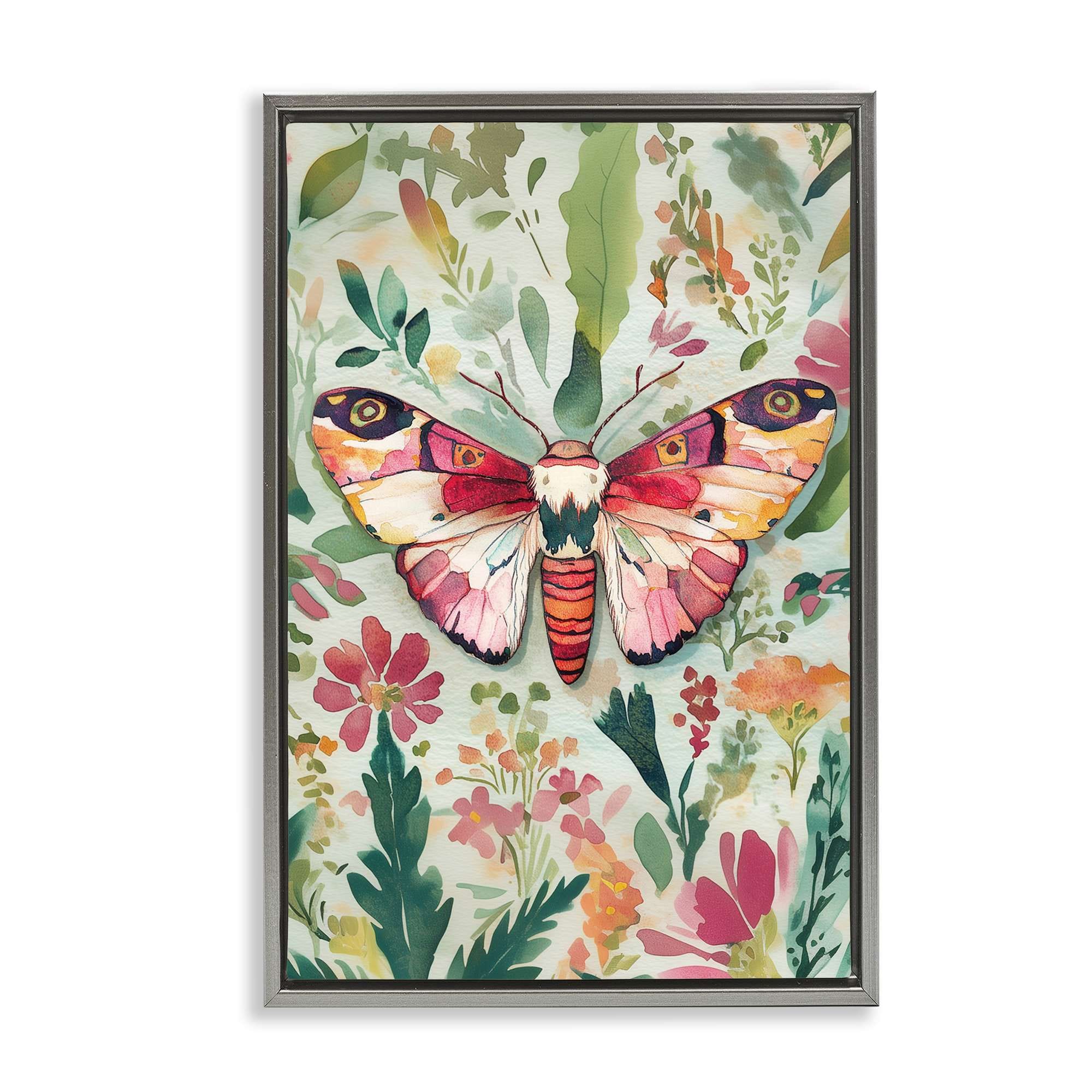 Stupell Industries BT-873-FFL-16X24 Butterfly over Abstract Flowers Gray Framed Floater Canvas Wall Art By The Dutch Lady 17 x 25