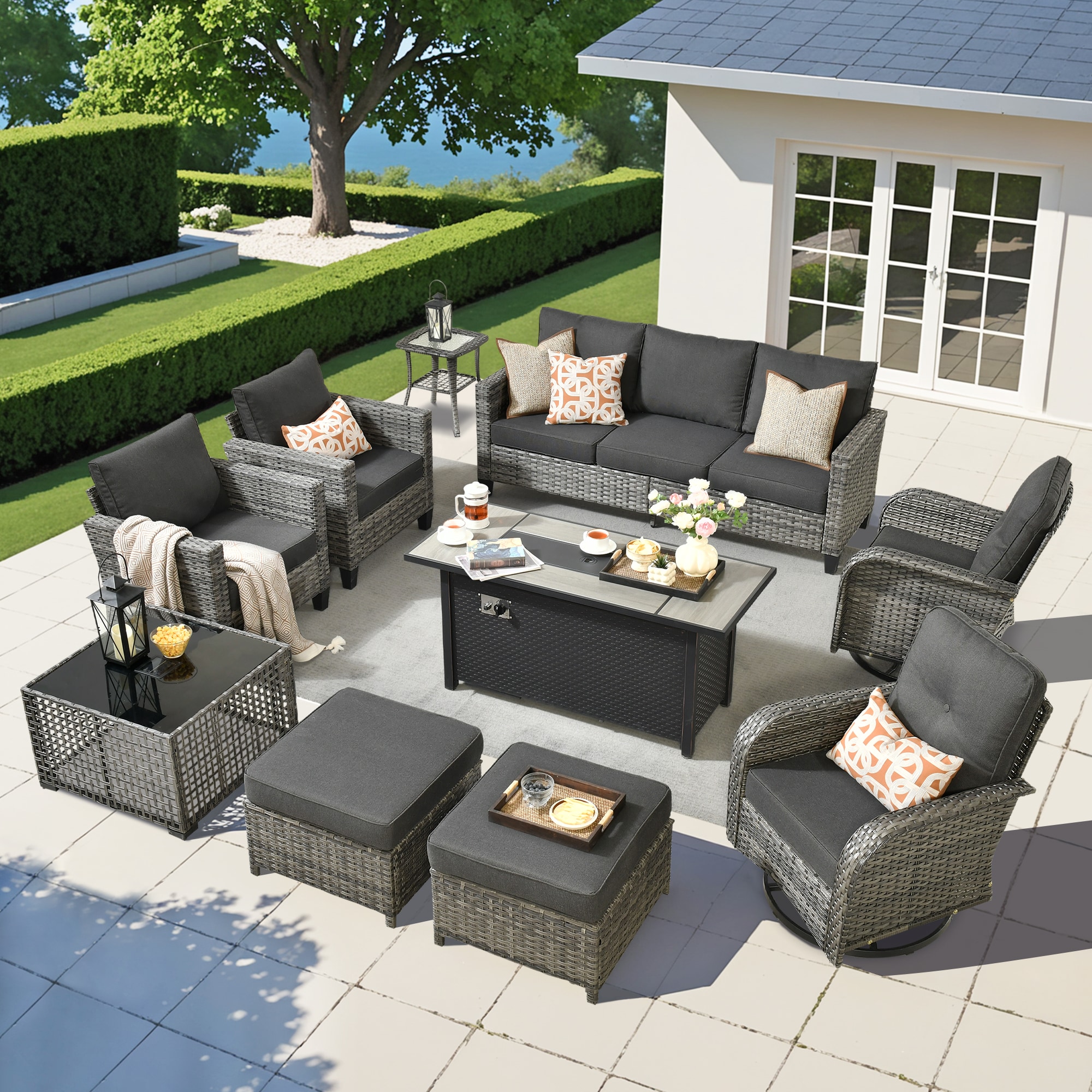 weaxty HMB8503YZNGNCRS19S1 Initial 10 -Piece Wicker Patio Sofa Conversation Set with Black Cushions