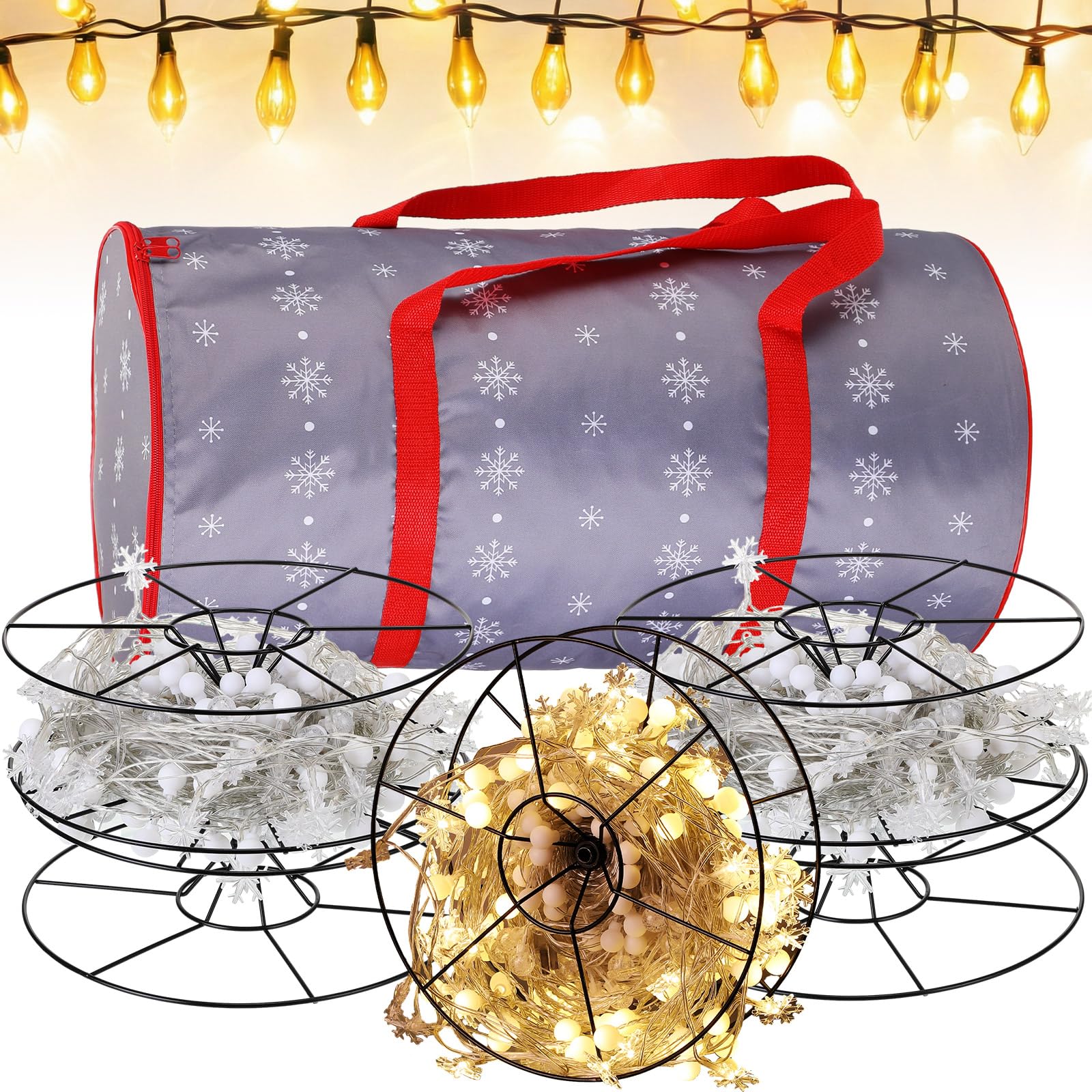 KIWDZFU  Christmas Lights Storage Bag Set Tear Proof Oxford Fabric with Reinforced Handles Includes 5 Metal Reels for Holiday String Lights