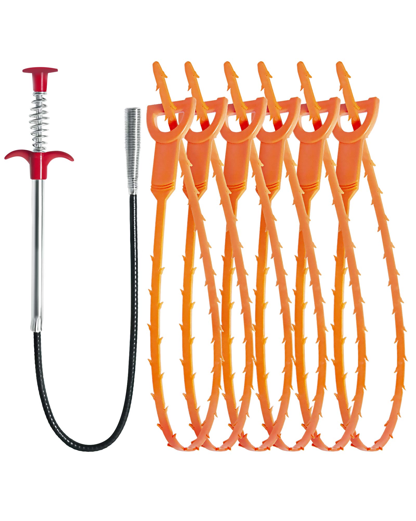 Anqtovp  Drain Clog Remover Tool Set 7 Piece Includes 6 Plastic 25 Inch Hair Remover and 1 Stainless Steel 24 Inch Cleaner for Sink Shower Tub