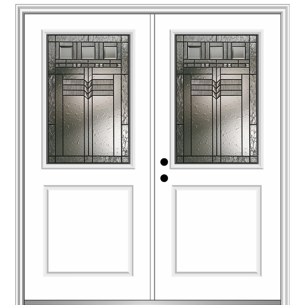 MMI DOOR ZZ3656924R 72-in x 80-in Fiberglass Half Lite Right-Hand Inswing Primed Prehung Double Front Door with Brickmould Insulating Core