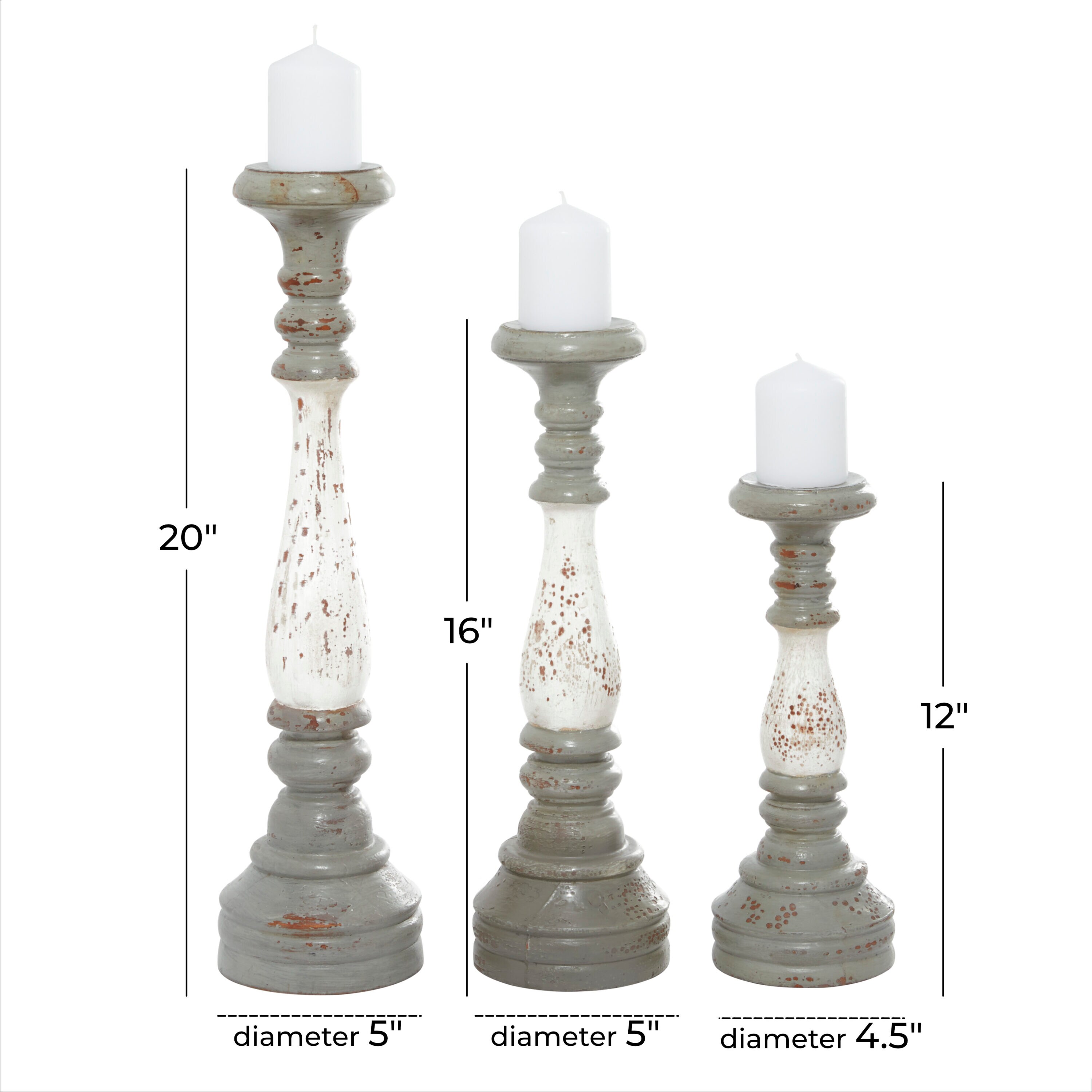 Gray and White Distressed Wood Pillar Candle Holders, Set of 3