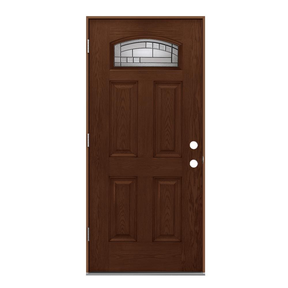 JELD-WEN LOWOLJW232300024 36-in x 80-in x 4-9/16-in Fiberglass 1/4 lite Right-hand outswing Dark Chocolate Stained Prehung Front Door Insulating core