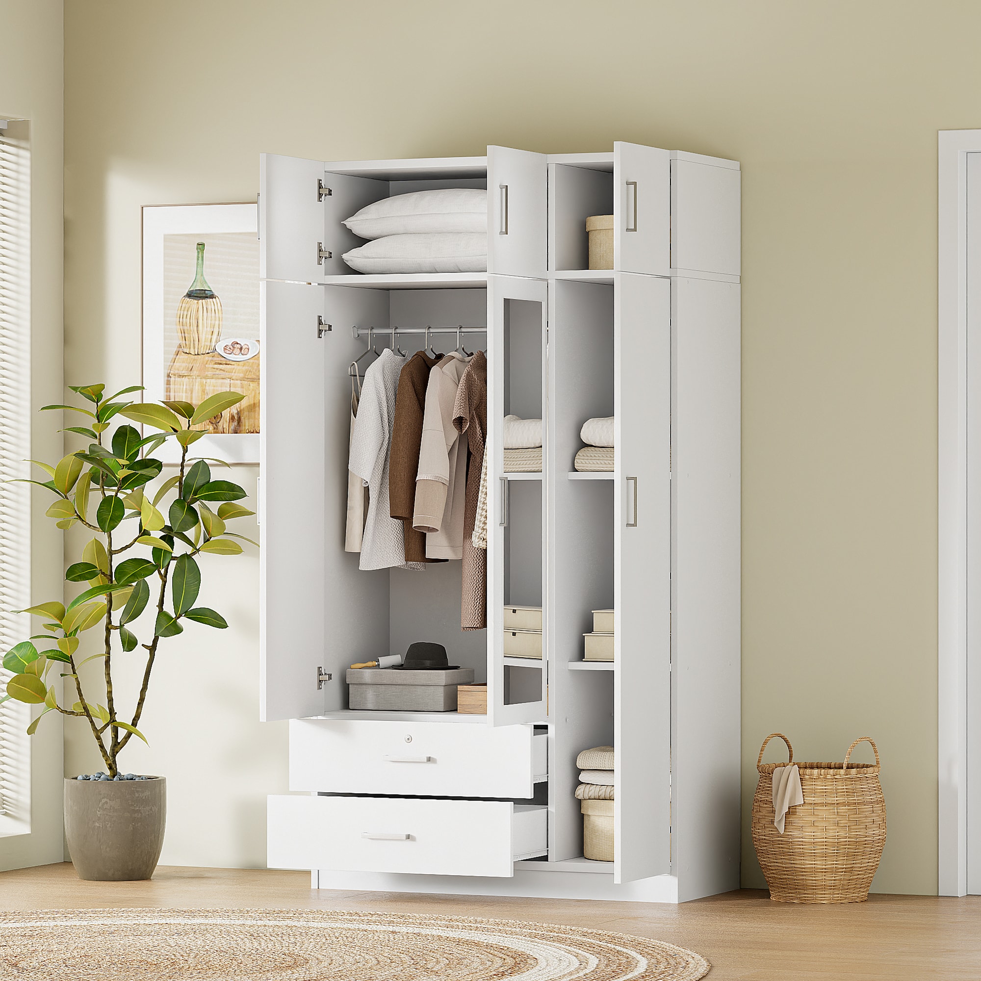 Huluwat - Durable 3-Door Mirror Wardrobe With 2 Drawers And Top Cabinet White Offering Ample Spac...