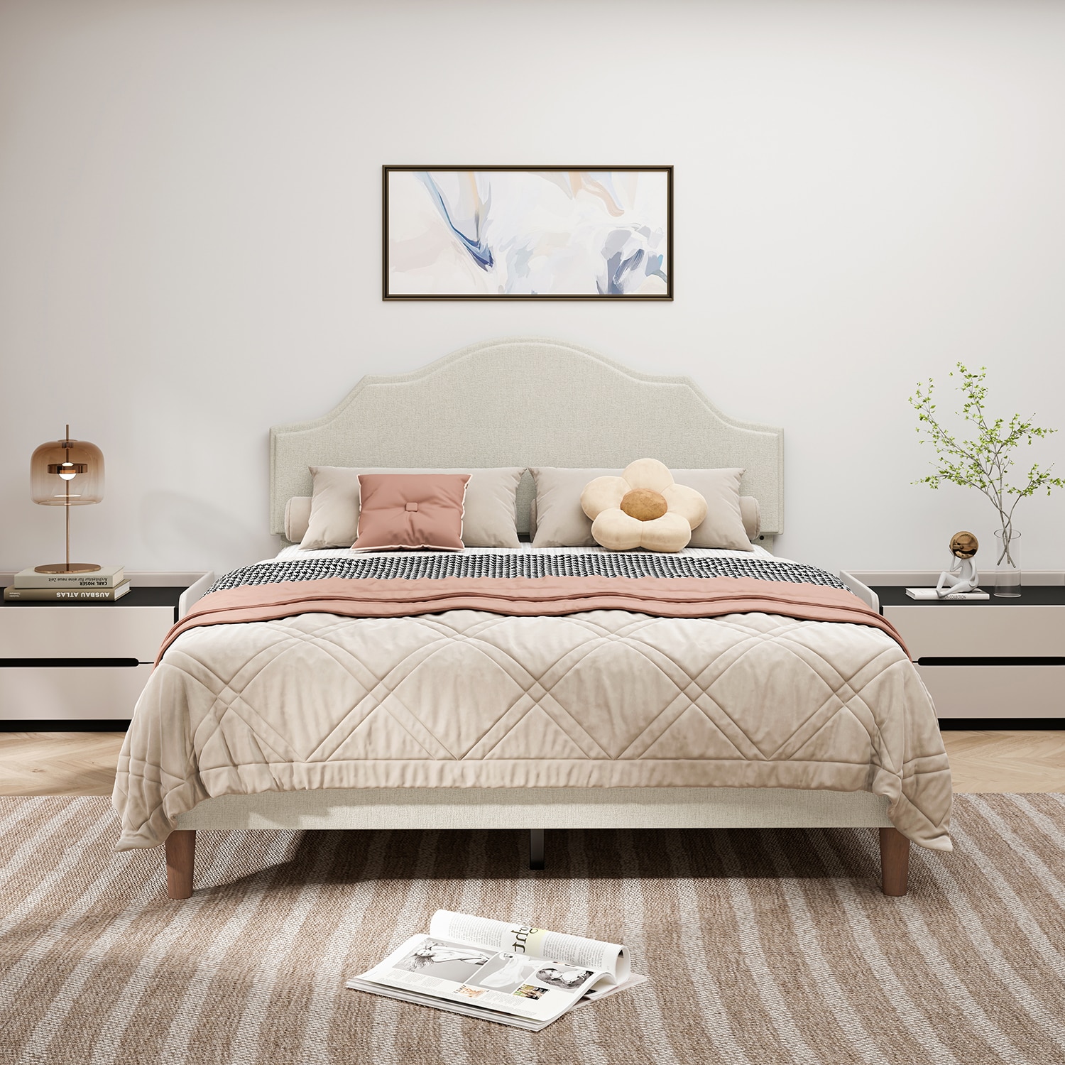 GZMR GZ-HL4606H Queen Size Bed Frame Upholstered Platform Bed Beige Queen Wood and metal Bed frame Bed