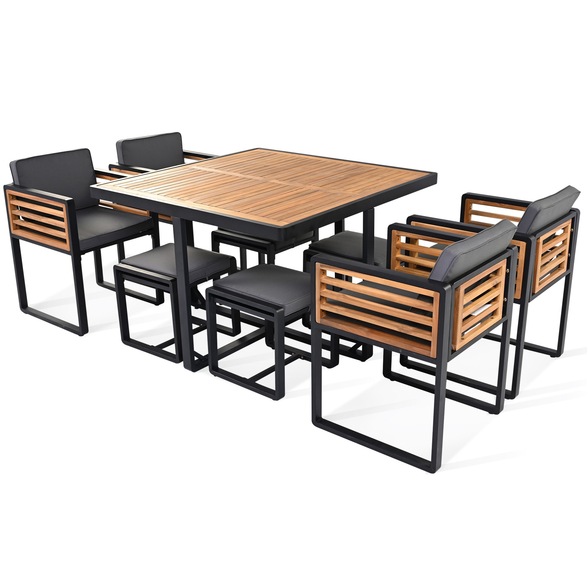 Gaierptone CRXJLTYV0OH 9 -Piece Black Patio Dining Set Wood Rectangle Table with 8 Gray Cushions Stationary Chairs