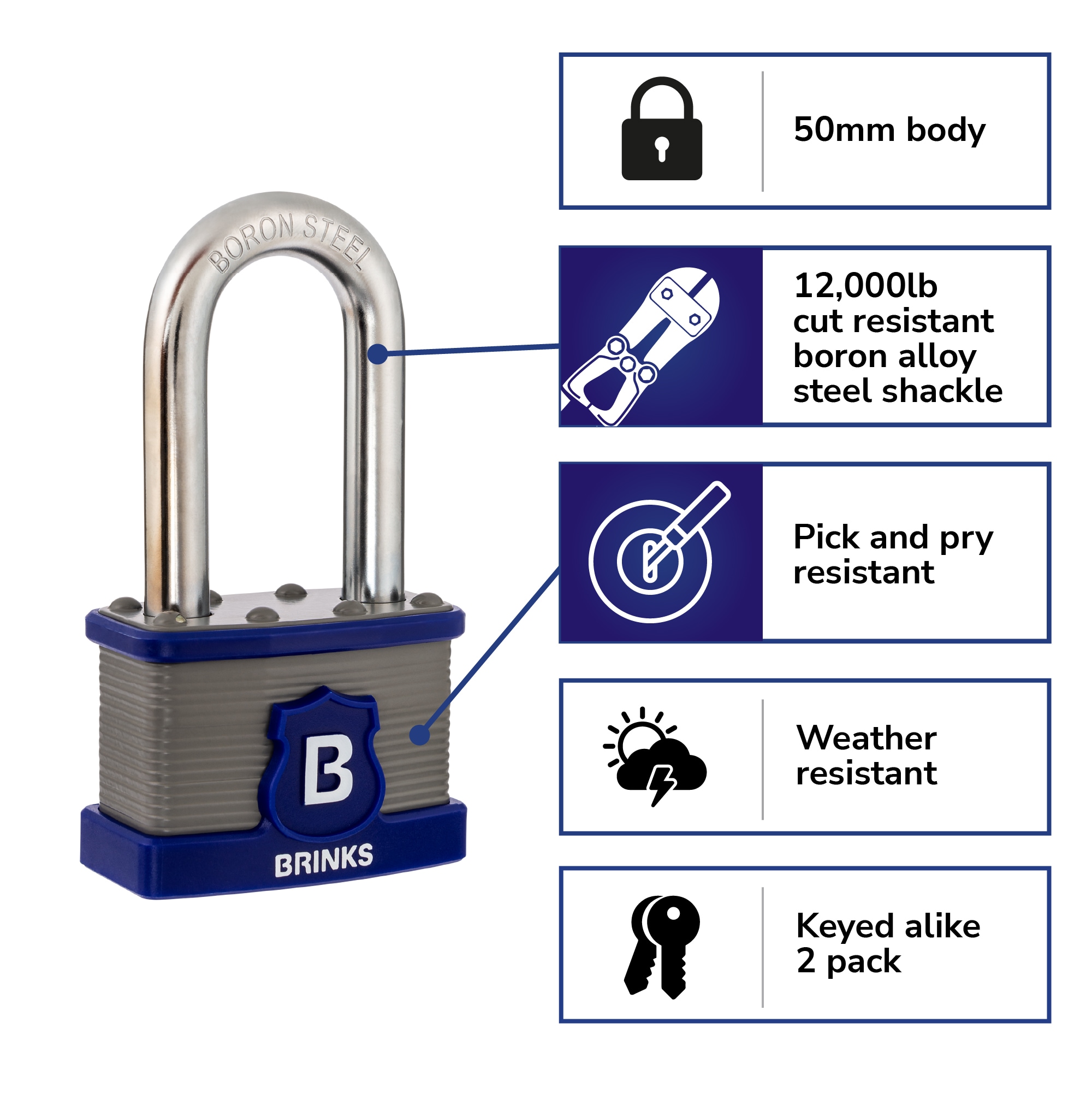 Brinks, High-Security Laminated Steel Padlock, 40mm Body with 1-1/2 inch  Shackle 