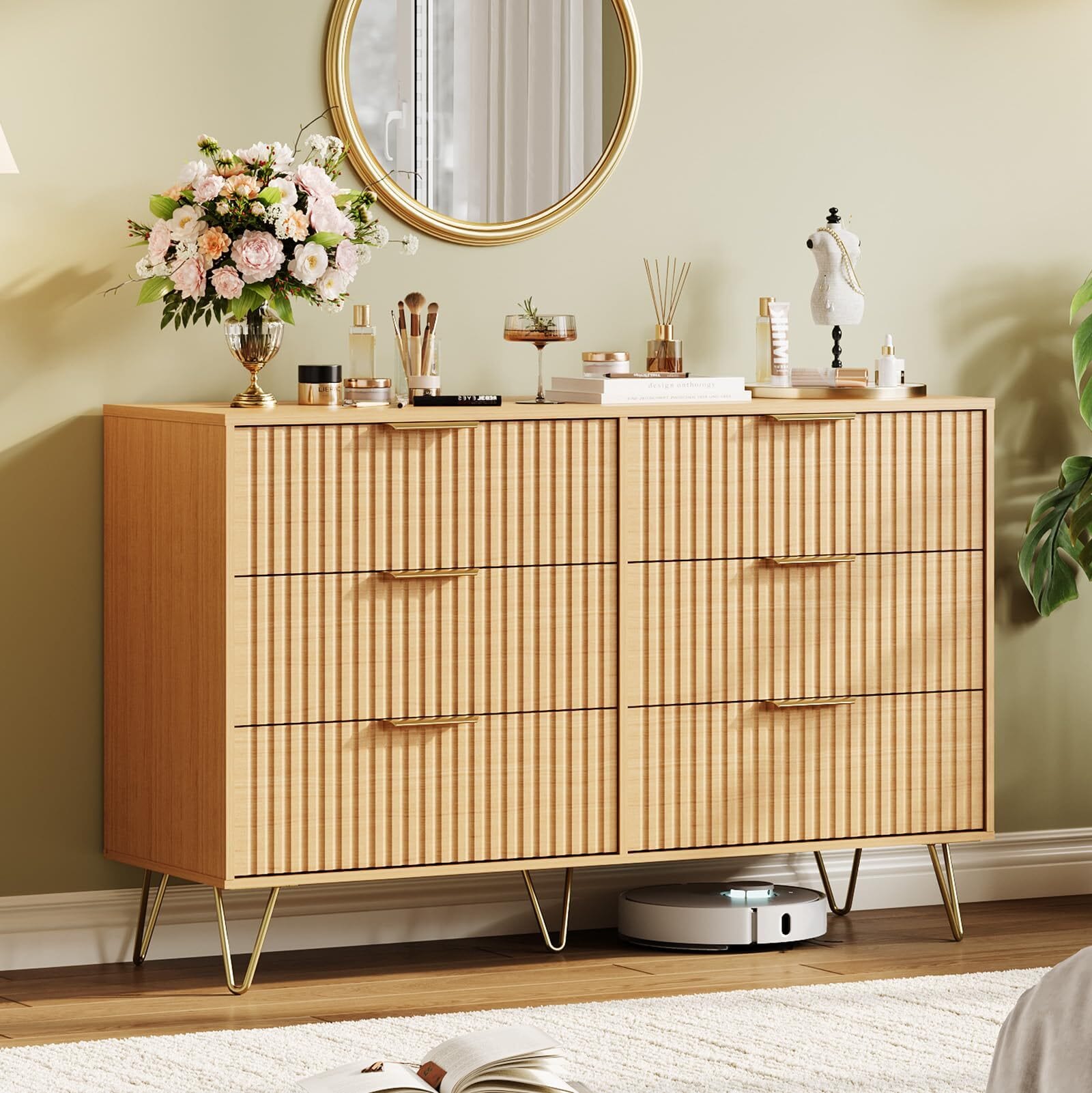 GarveeLife Modern Wood Dresser with 6 Fluted Drawers Large Storage Chest for Bedroom or Living Room