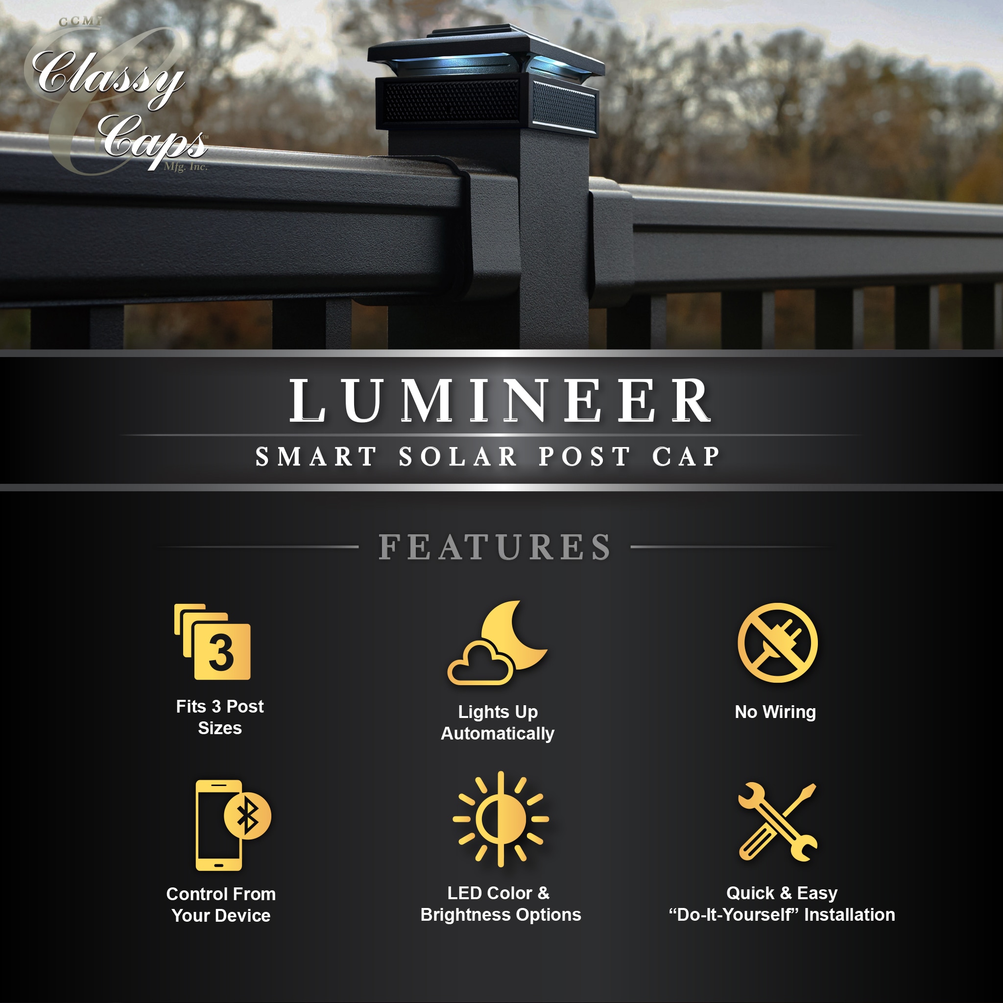 Black Aluminum LED Solar Post Cap Light with Dusk to Dawn Sensor