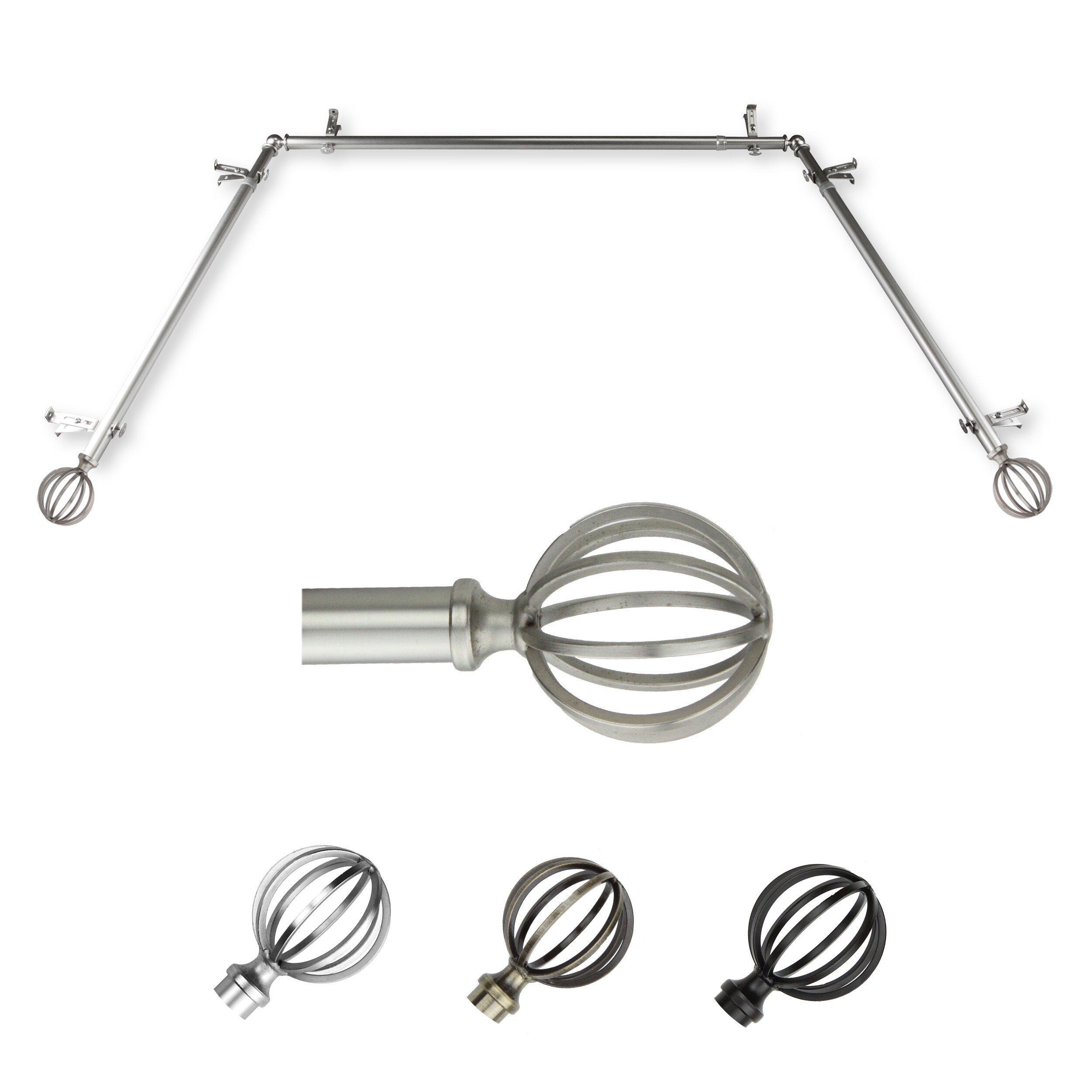 Hart & Harlow LO-ABAY-62-5 72-in to 144-in Satin Nickel Steel Bay window curtain rod with Finials