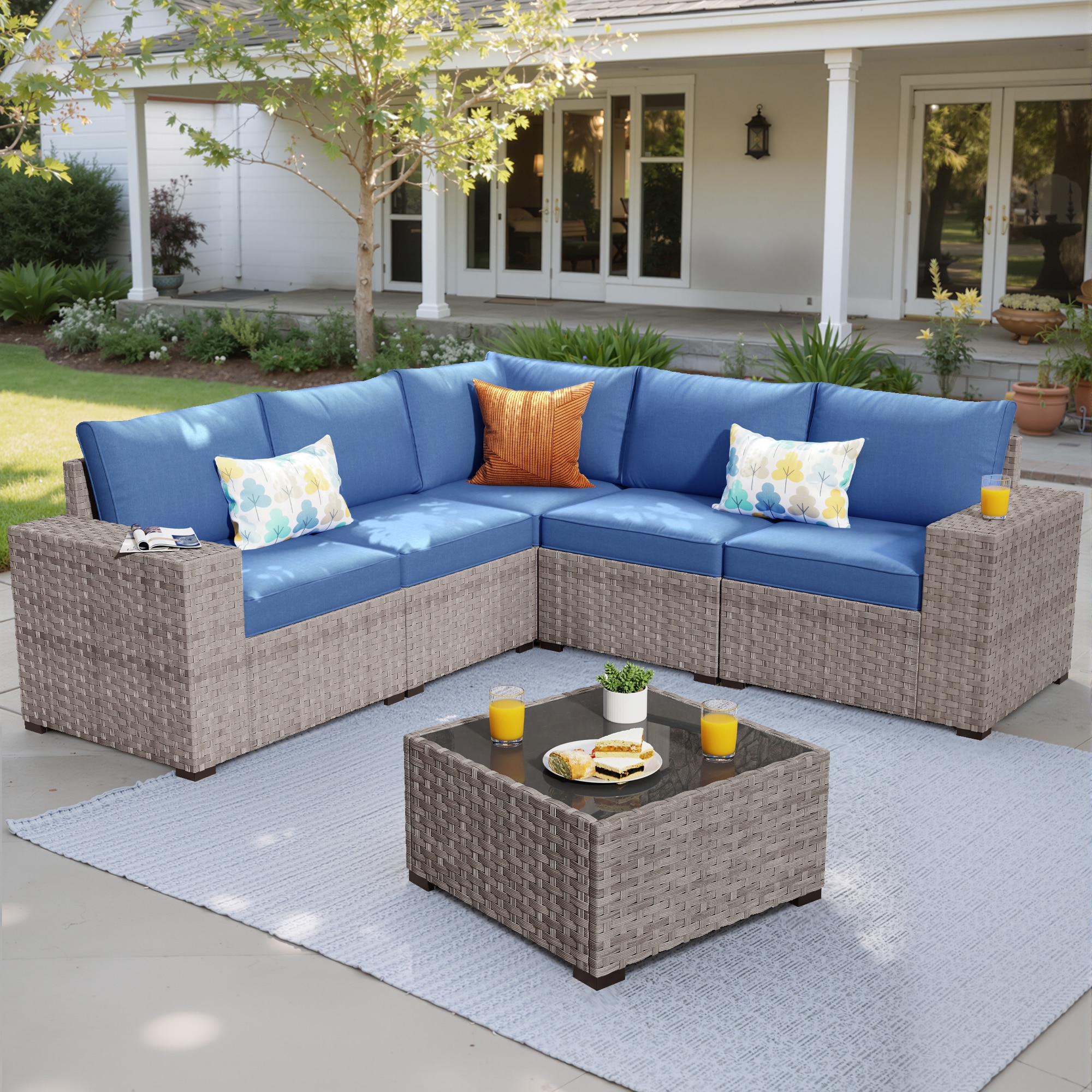 weaxty DDFPRRS706 Kuuga 6 -Piece Wicker Patio Conversation Set with Blue Cushions