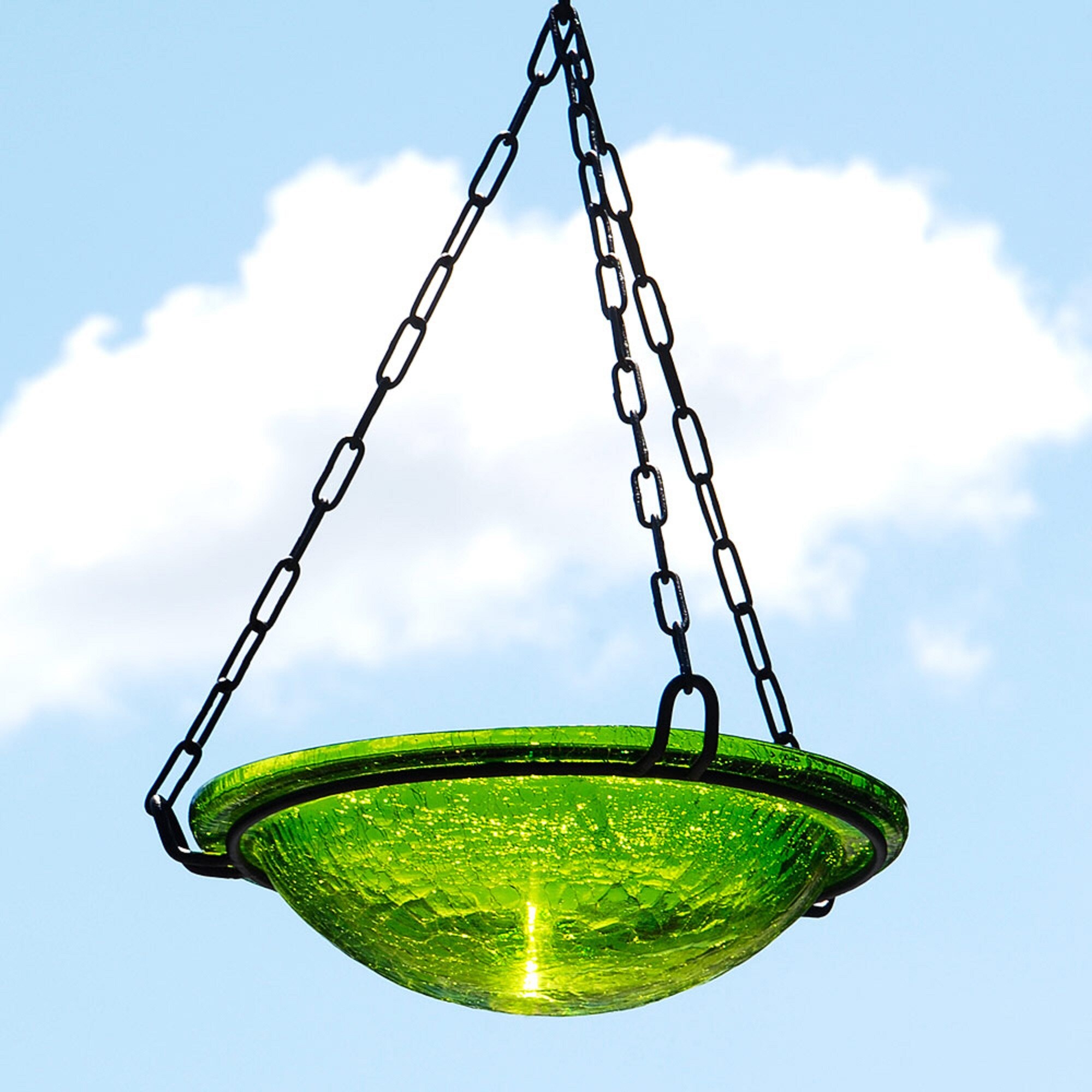 Fern Green Crackle Glass Hanging Birdbath Bowl