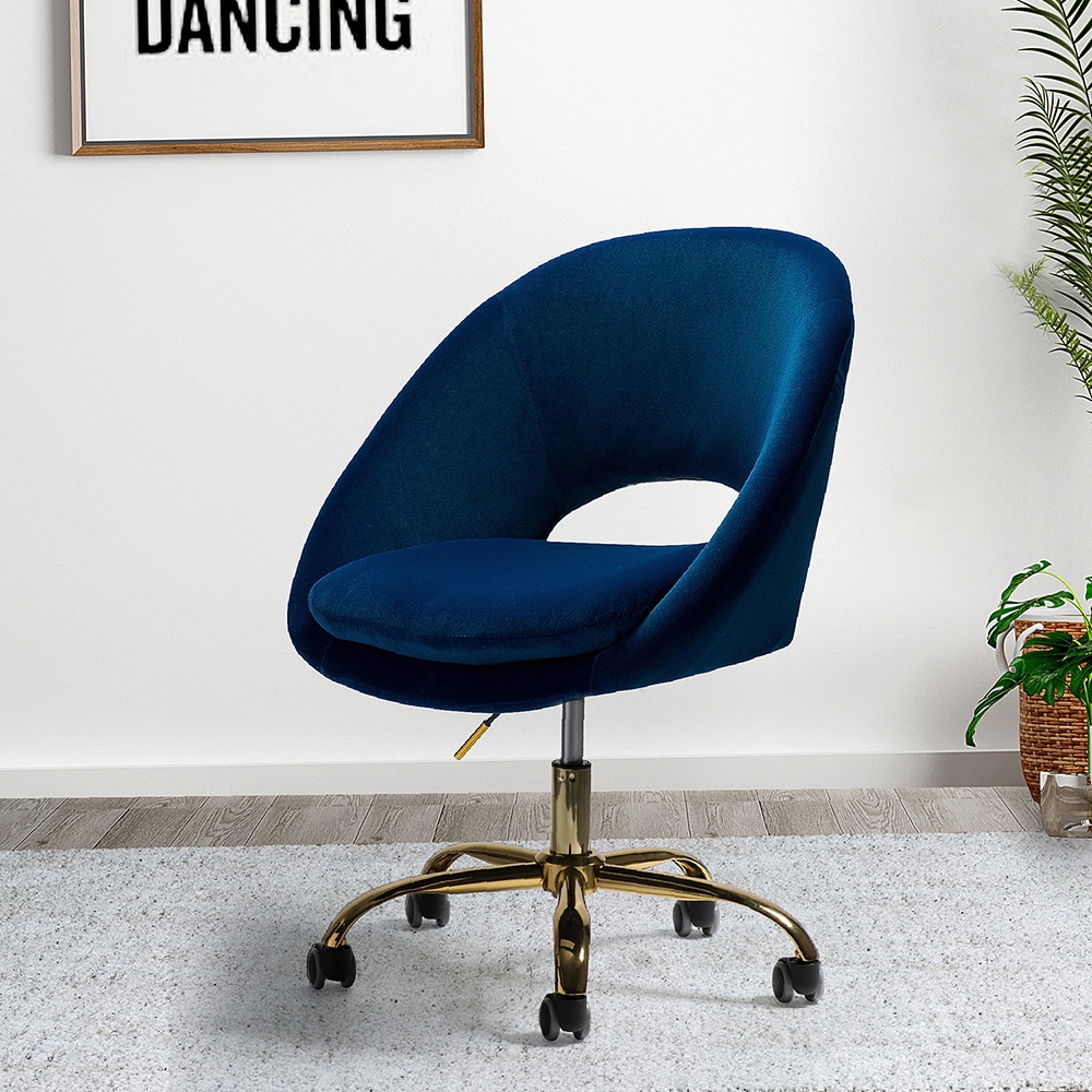 Ergonomic Navy Velvet Swivel Task Chair with Gold Metal Base