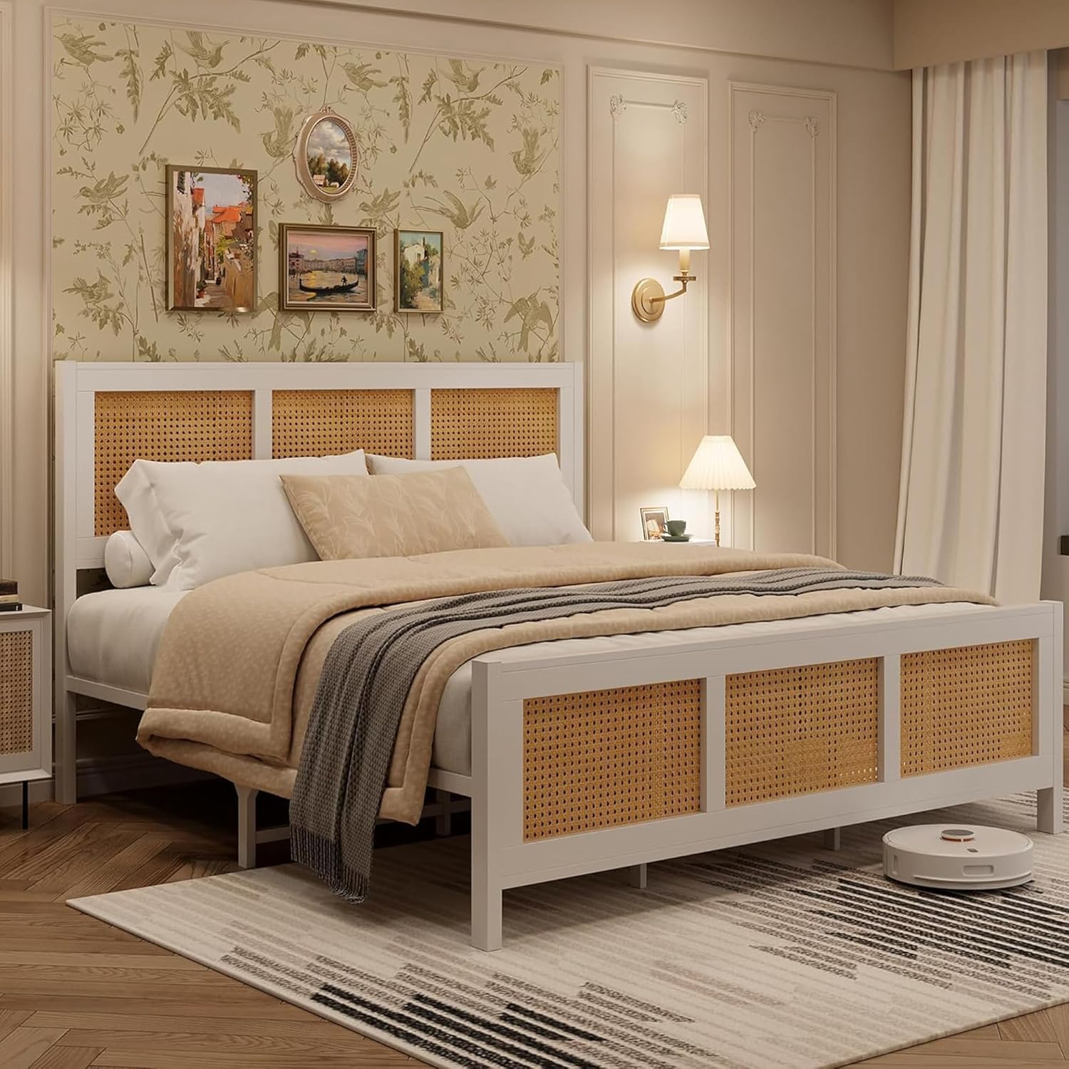 Qeetex LHF-BED-PHO-14YHIW50 Queen Size Bed Frame with Headboard Bohemian Rattan Platform Bed Frame with Strong Metal Slats Support No Box Spring Needed Noise-Free Design White
