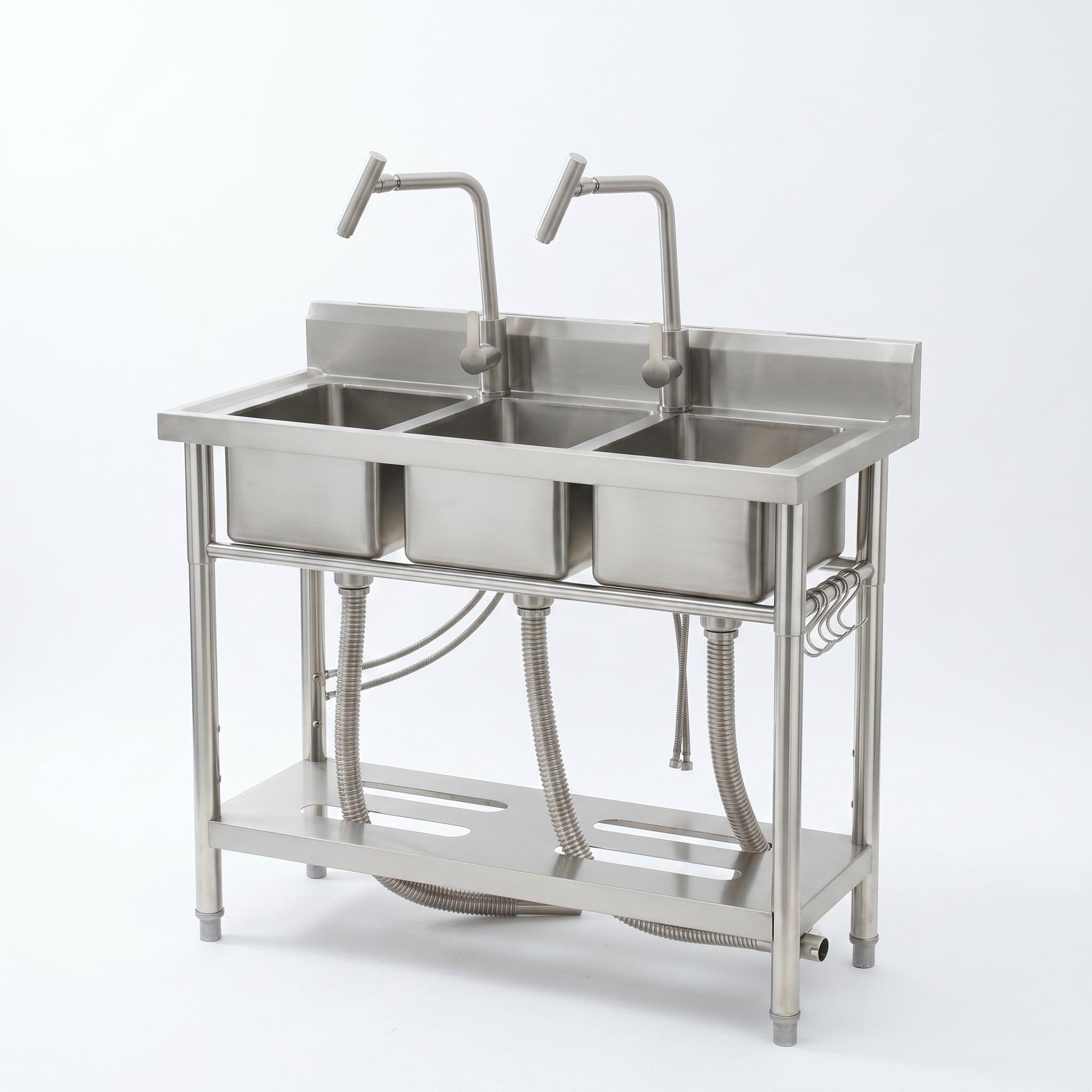 Assile Drop-in 39-in x 18-in x 36-in Stainless Steel Triple Basin Commercial Sink with Dual T Shaped Faucets Restaurant Sink No Drawer for Kitchen